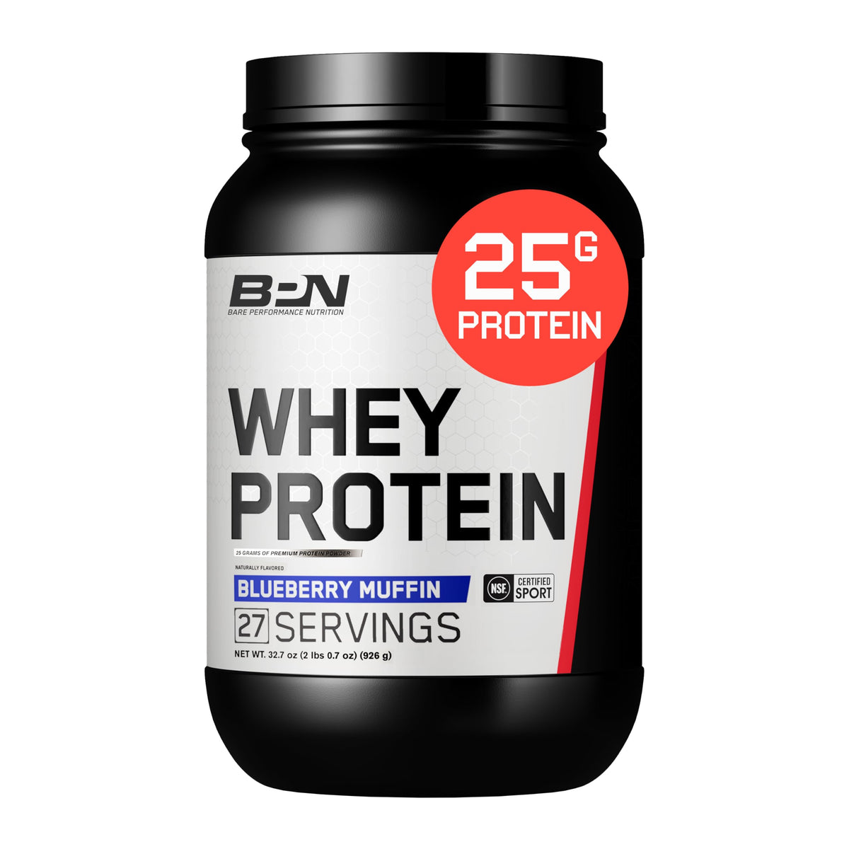 BARE PERFORMANCE NUTRITION envase frontal BPN Whey + Casein sabor Blueberry Muffin mostrando etiqueta clara