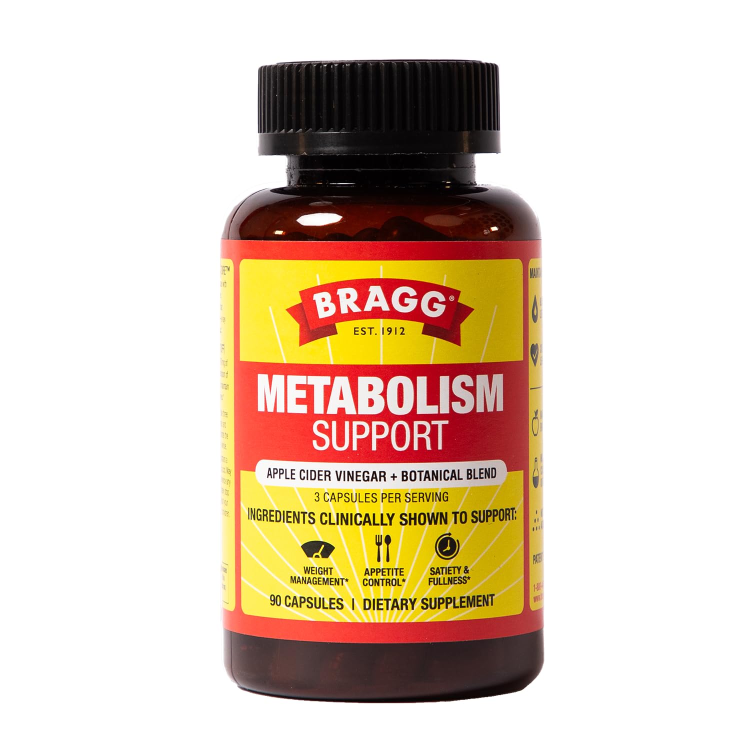 Bragg frente del envase mostrando 90 cápsulas y beneficios de apoyo al metabolismo