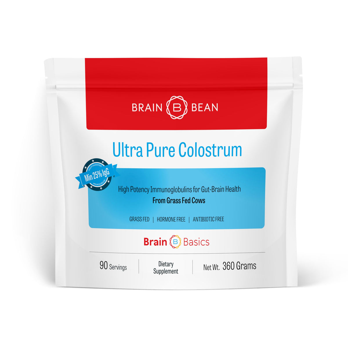Brain Bean colostrum frente del paquete mostrando tamaño y 90 tomas, ideal para rutina diaria