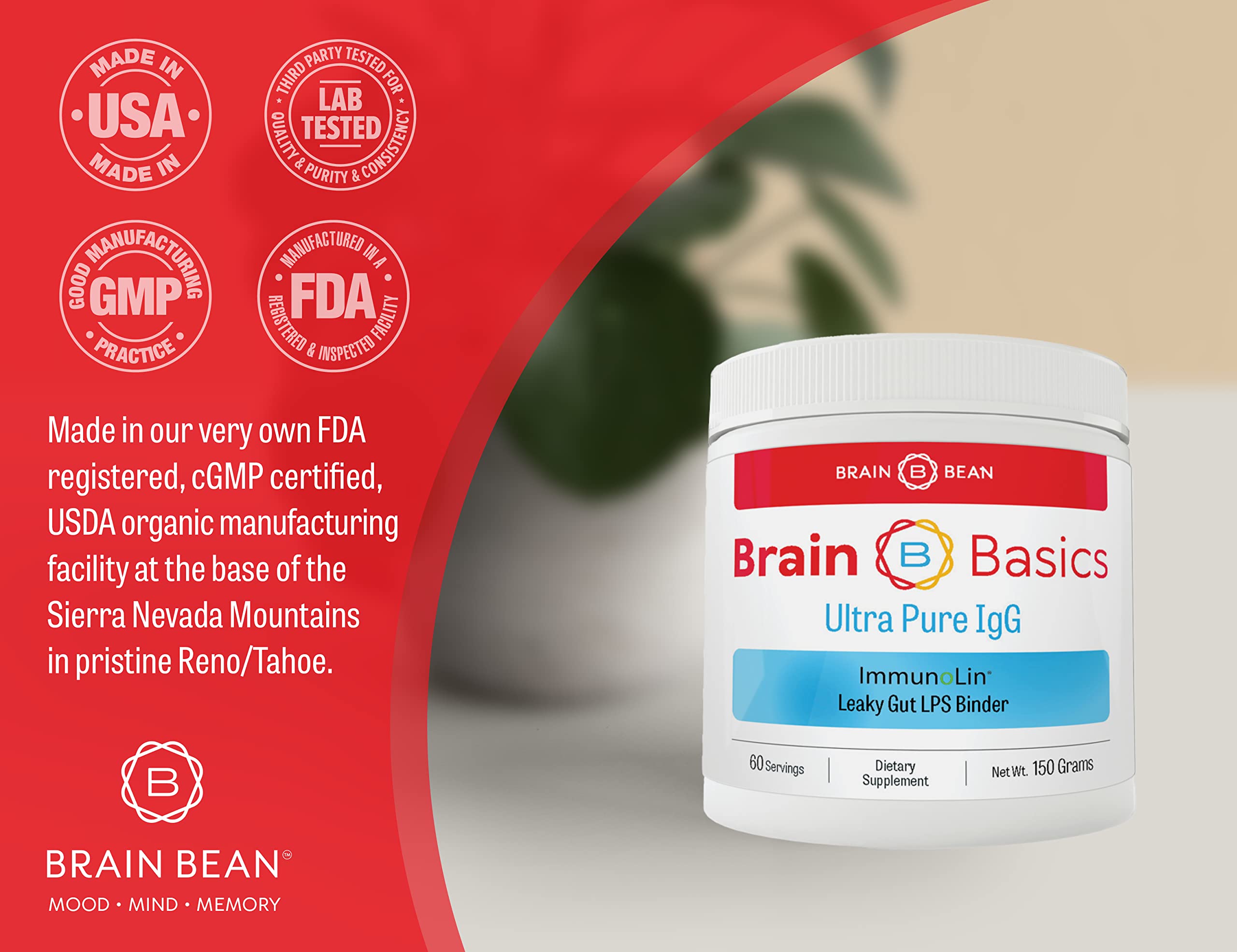 Brain Bean envase abierto junto a dosificaciones, uso claro y práctico