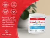 Brain Bean envase abierto junto a dosificaciones, uso claro y práctico