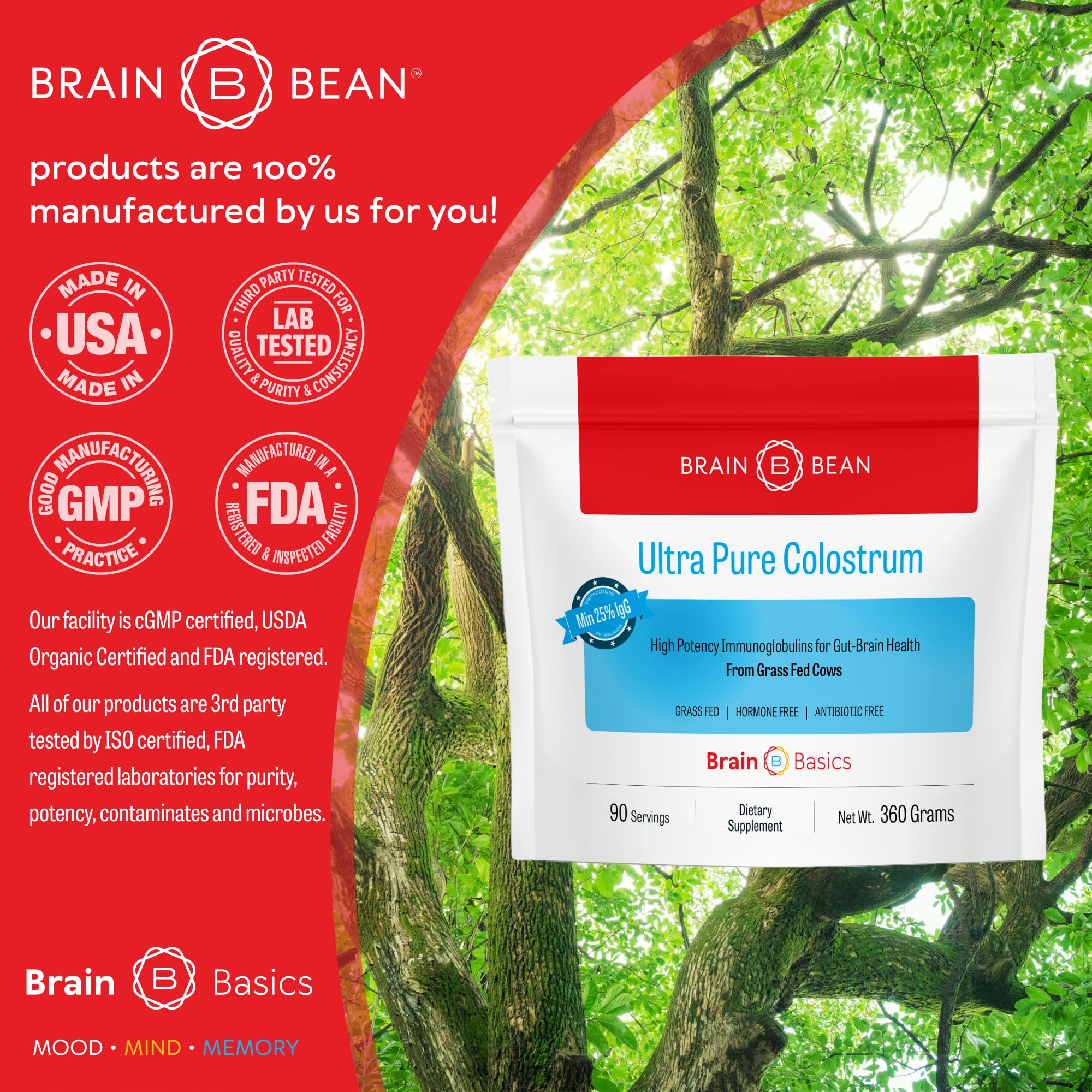 Etiqueta Brain Bean colostrum con datos de 4000 mg y 25% IgG, transparencia y calidad