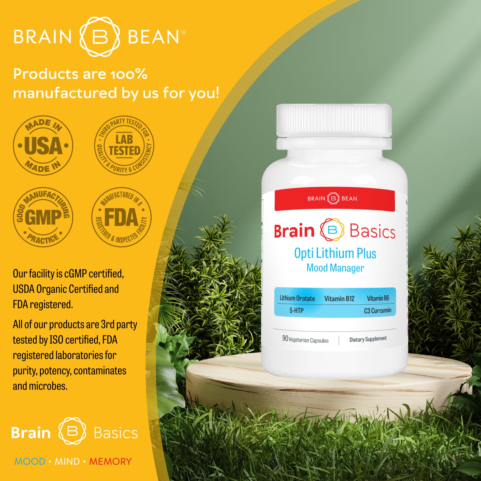 Brain Bean opti lithium plus comprimido en mano para comparar tamaño y dosificación