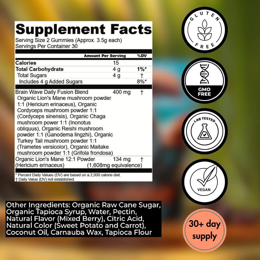 BRAIN WAVE etiqueta nutricional y lista de hongos, transparencia de ingredientes