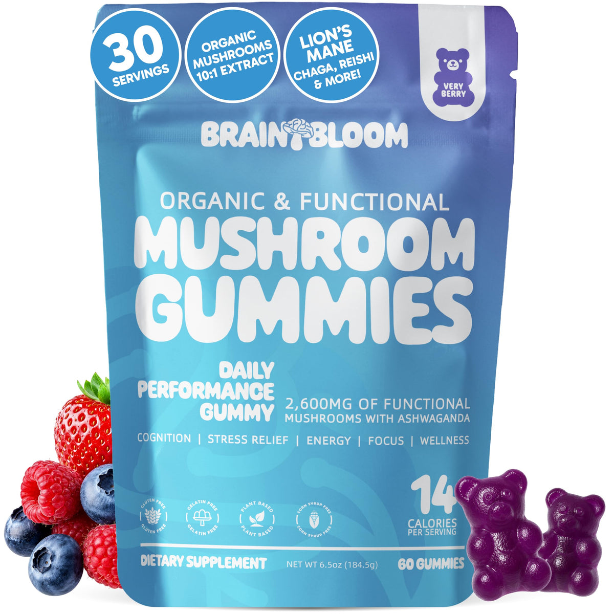BrainBloom envase frontal mostrando 60 gominolas y etiqueta clara