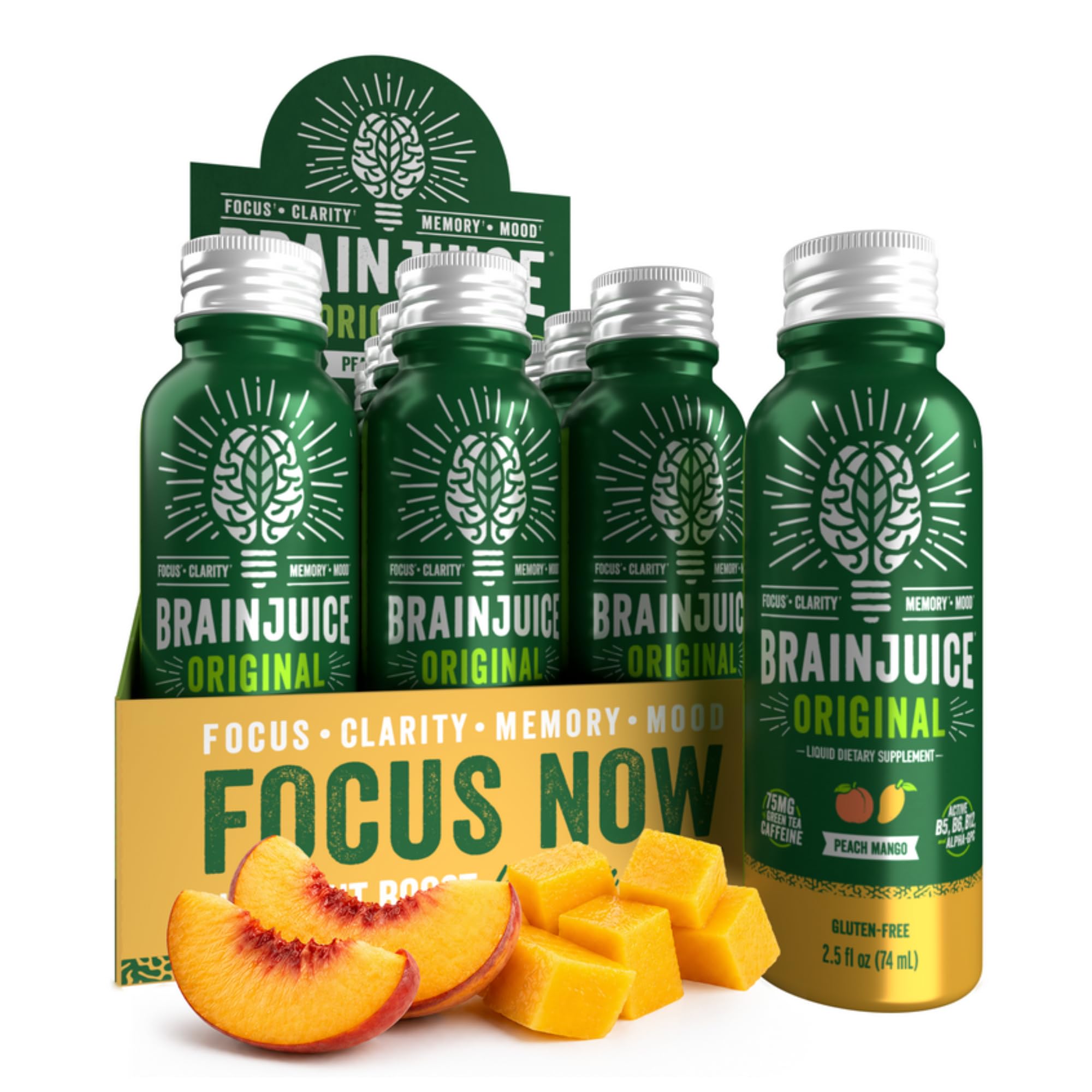 BrainJuice frente del envase mostrando botella y sabor durazno mango para consumo inmediato