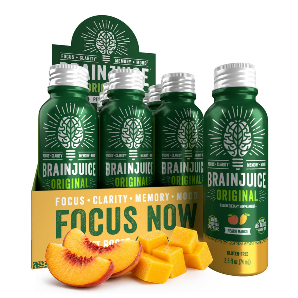 BrainJuice frente del envase mostrando botella y sabor durazno mango para consumo inmediato