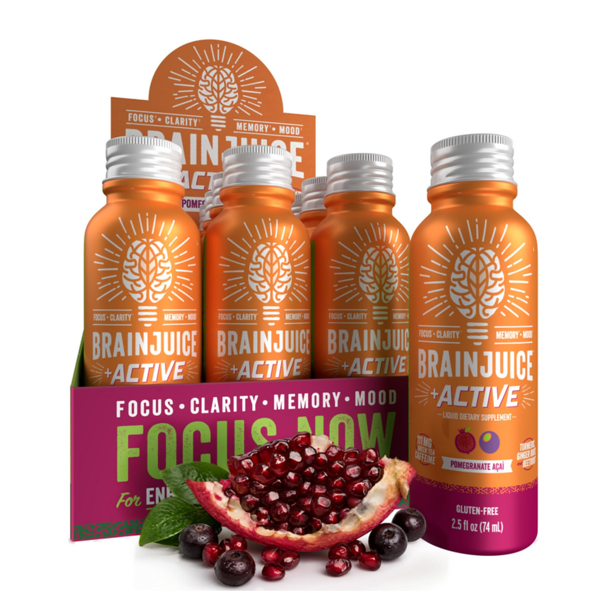 BrainJuice frontal del envase Active Pomegranate Acai mostrando el diseño y atractivo