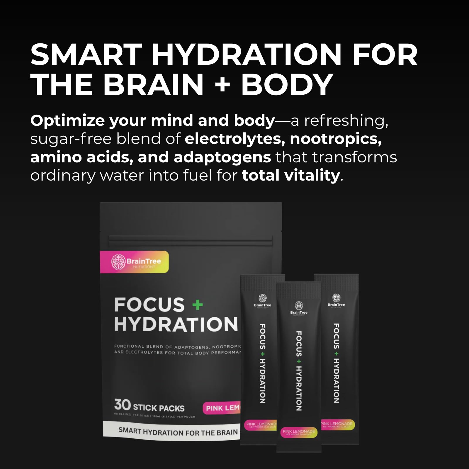 BrainTree Nutrition textura rosa del polvo que sugiere disolución rápida y sabor