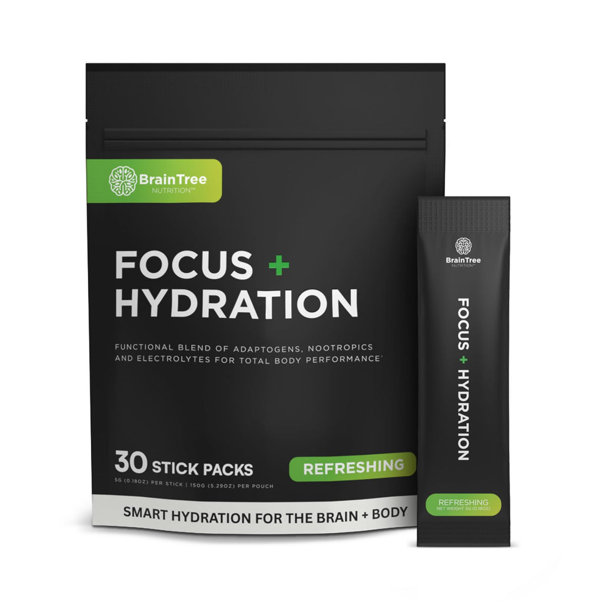 BrainTree Nutrition frontal del paquete mostrando 30 sobres y beneficios rápidos
