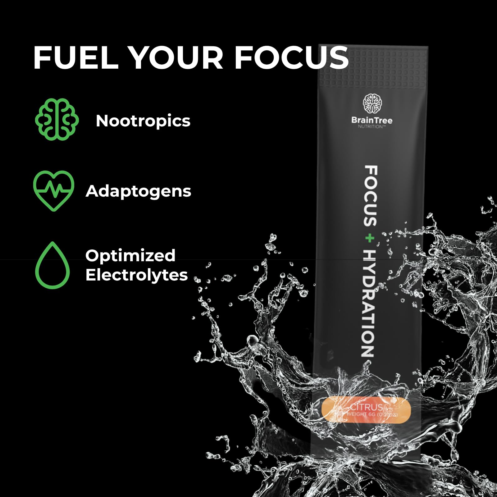 BrainTree Nutrition polvo en textura fina, formulado para disolución rápida y sabor cítrico