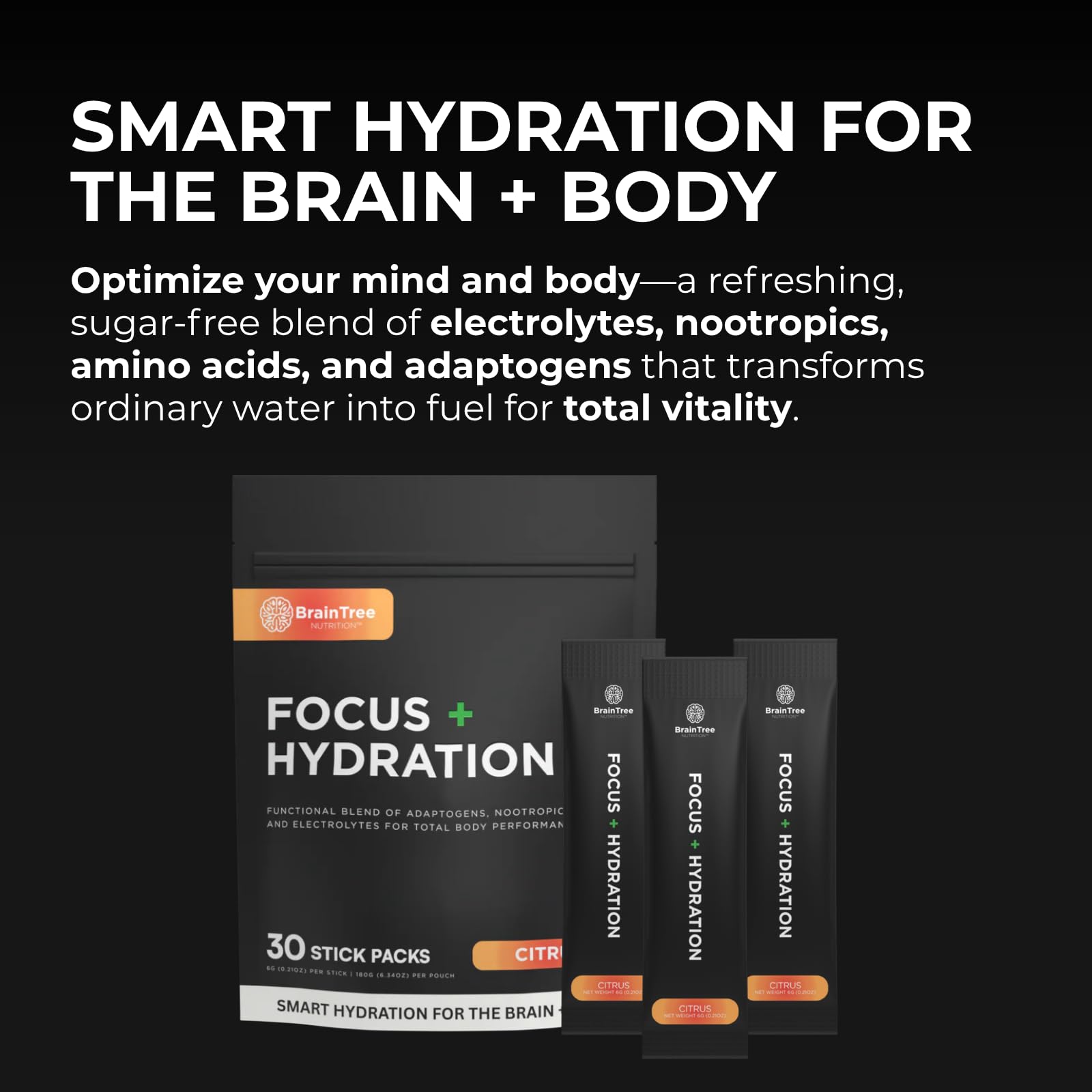 BrainTree Nutrition sobres individuales desplegados, convenientes para llevar y mezclar