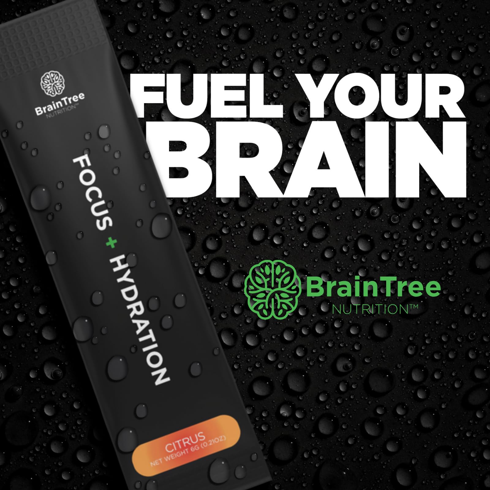 BrainTree Nutrition comparación de tamaño de un sobre junto a una mano para escala práctica