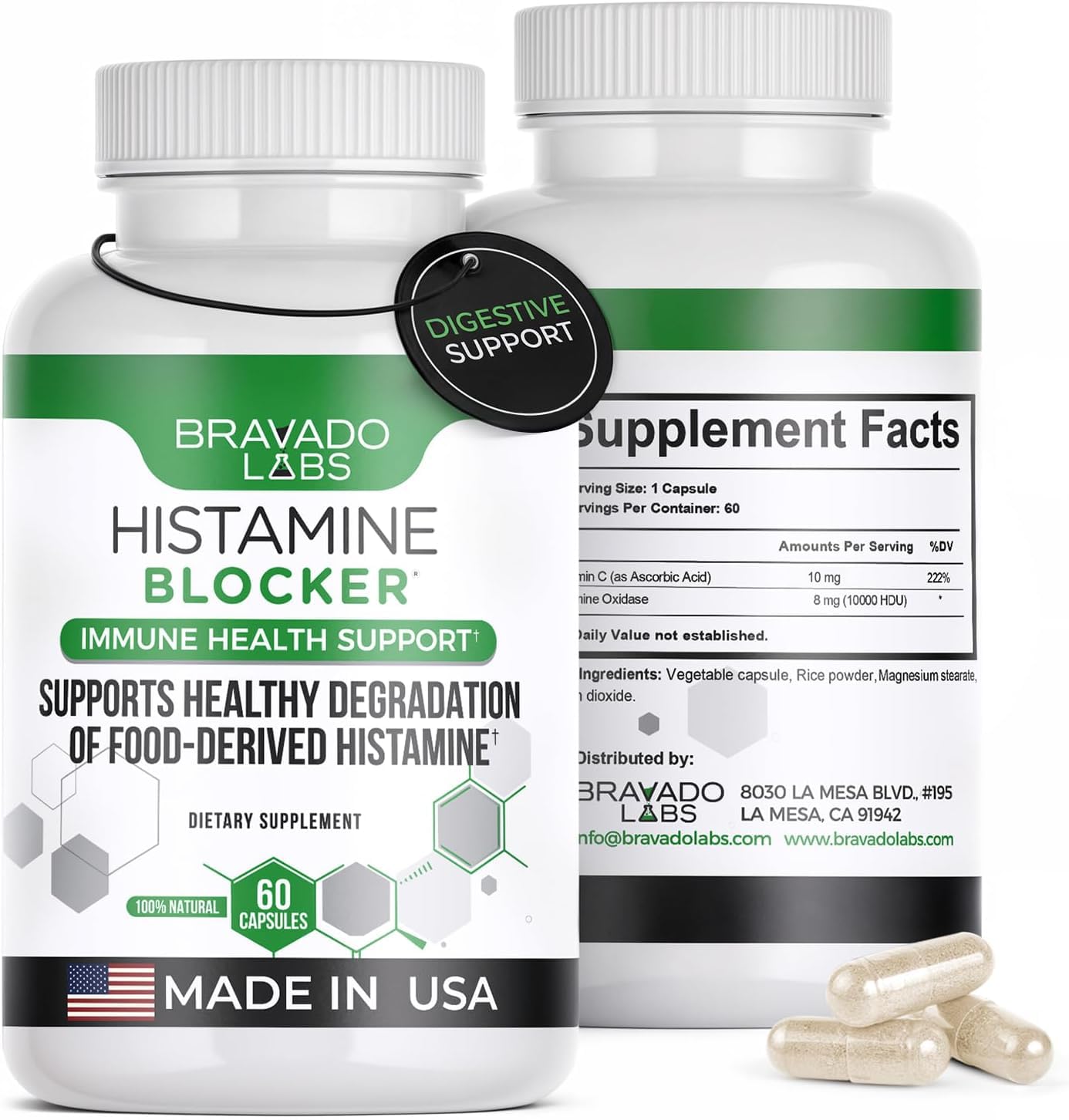 Bravado Labs frasco frontal mostrando etiqueta clara y beneficios