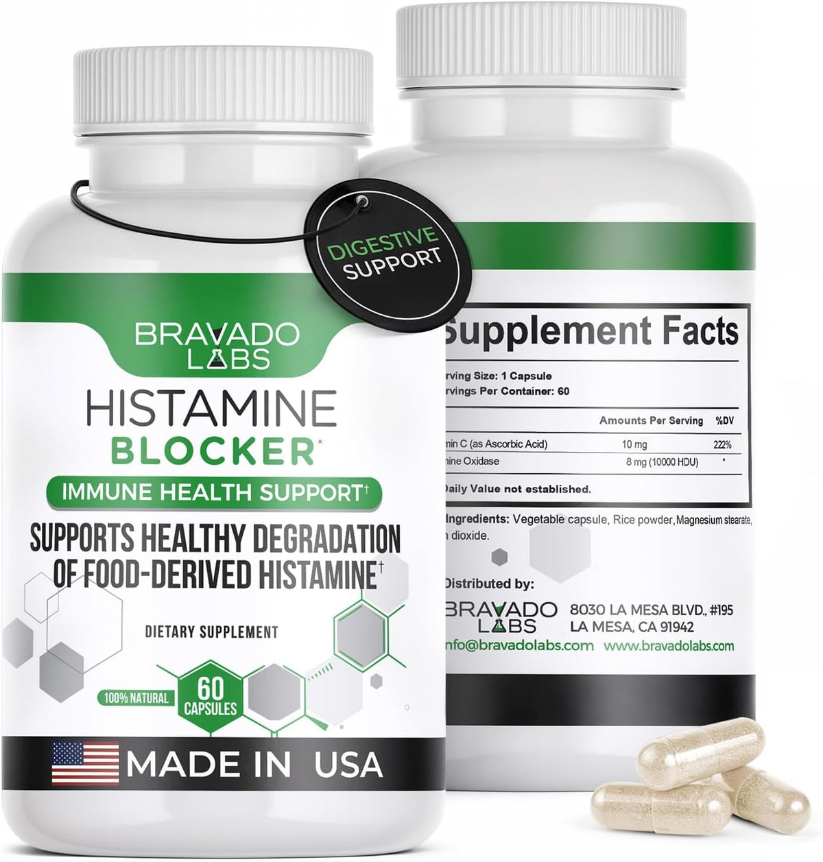 Bravado Labs frasco frontal mostrando etiqueta clara y beneficios
