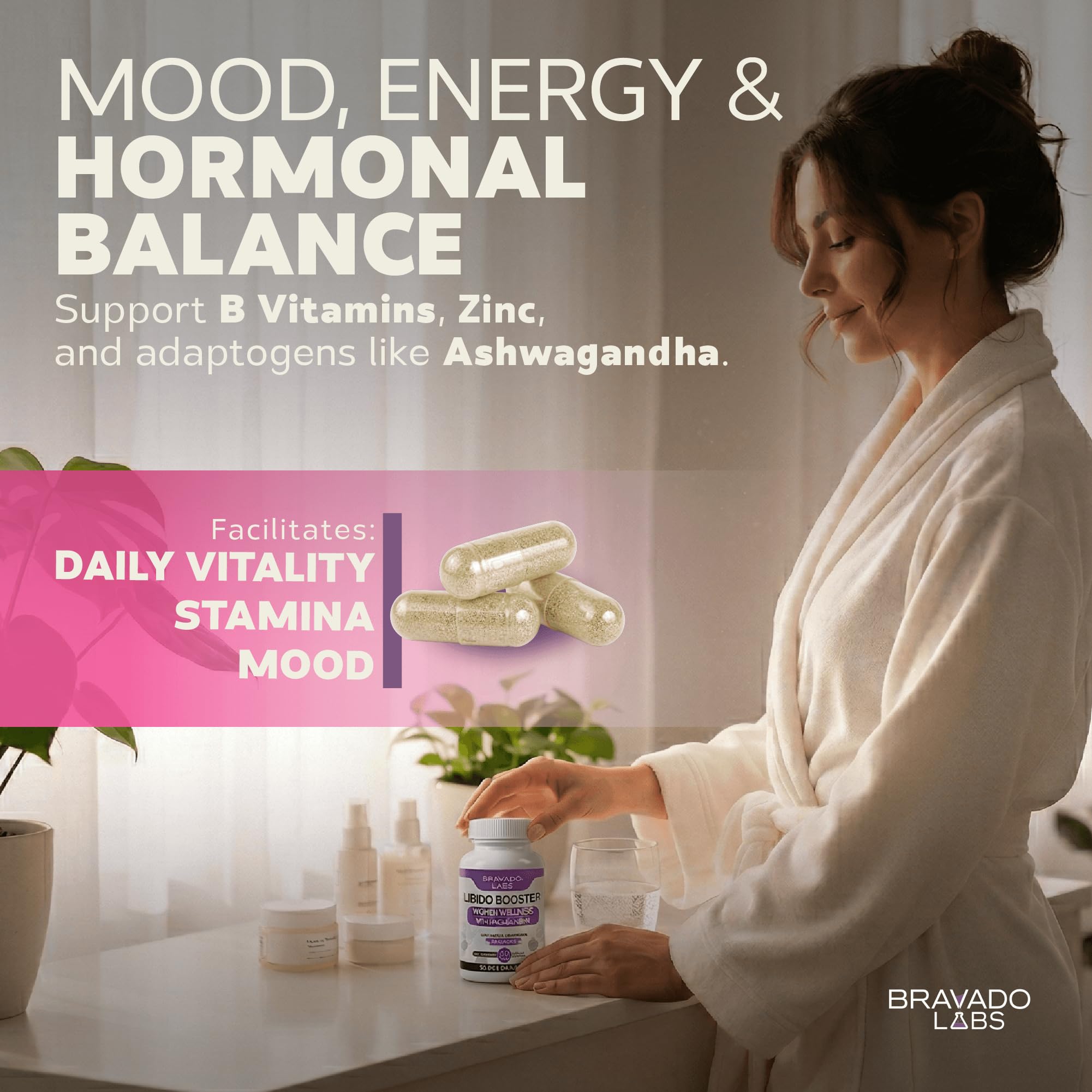 Etiqueta nutricional Bravado Labs con lista de ingredientes y dosis recomendada visible