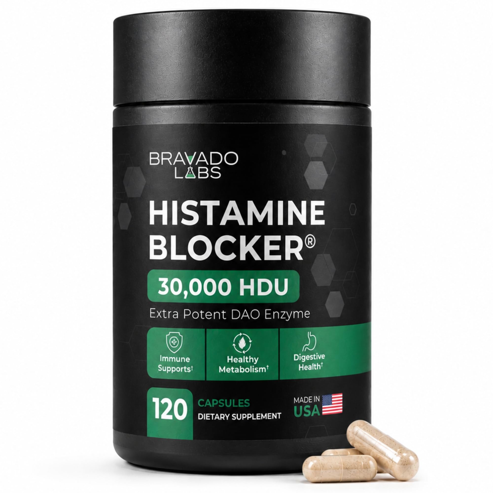 Bravado Labs frasco frontal mostrando etiquetado y beneficio digestivo