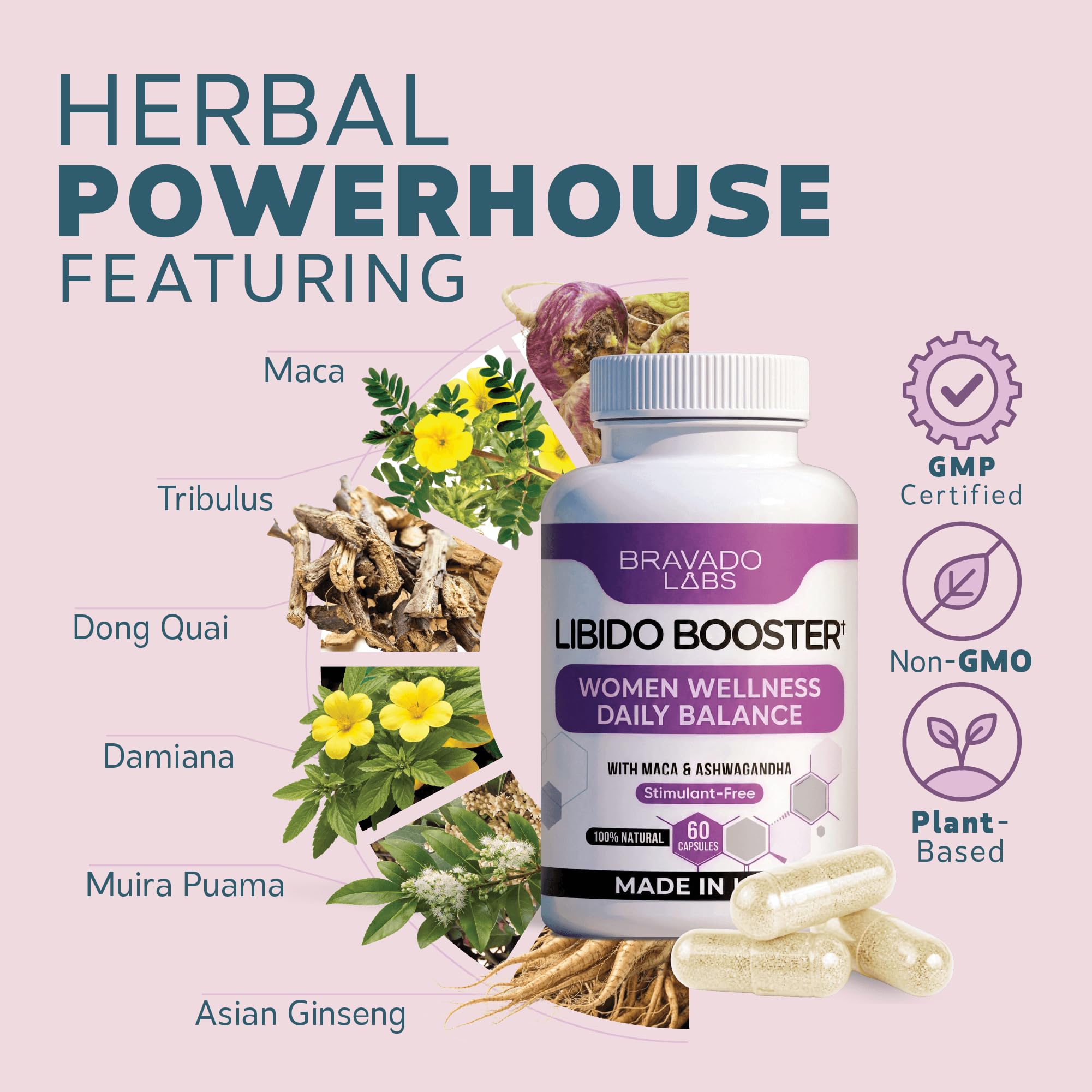 Ingredientes clave Maca y Ginseng sobre fondo natural con etiqueta Bravado Labs, sugiere vitalidad