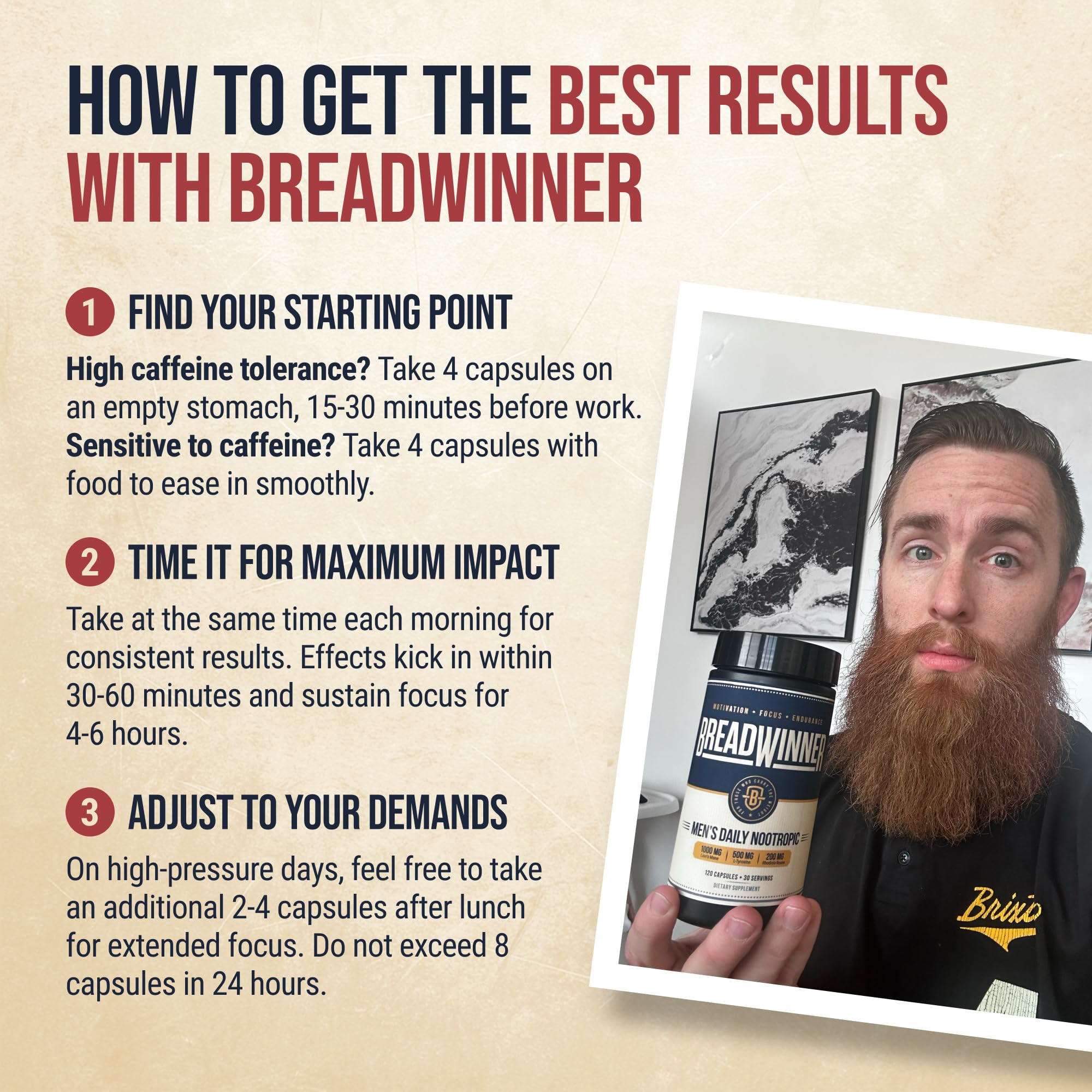 BREADWINNER ingredientes naturales como Lion's Mane y rhodiola mostrando origen botánico