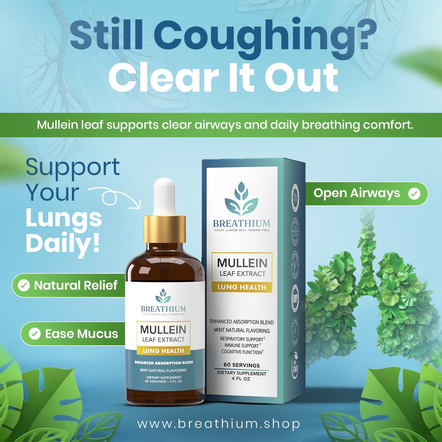 BREATHIUM etiqueta con lista de ingredientes clave como mullein y menta, transparencia