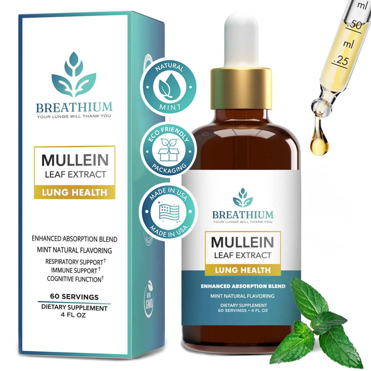 BREATHIUM envase frontal de Mullein Drops mostrando tamaño y diseño, ofrece confianza