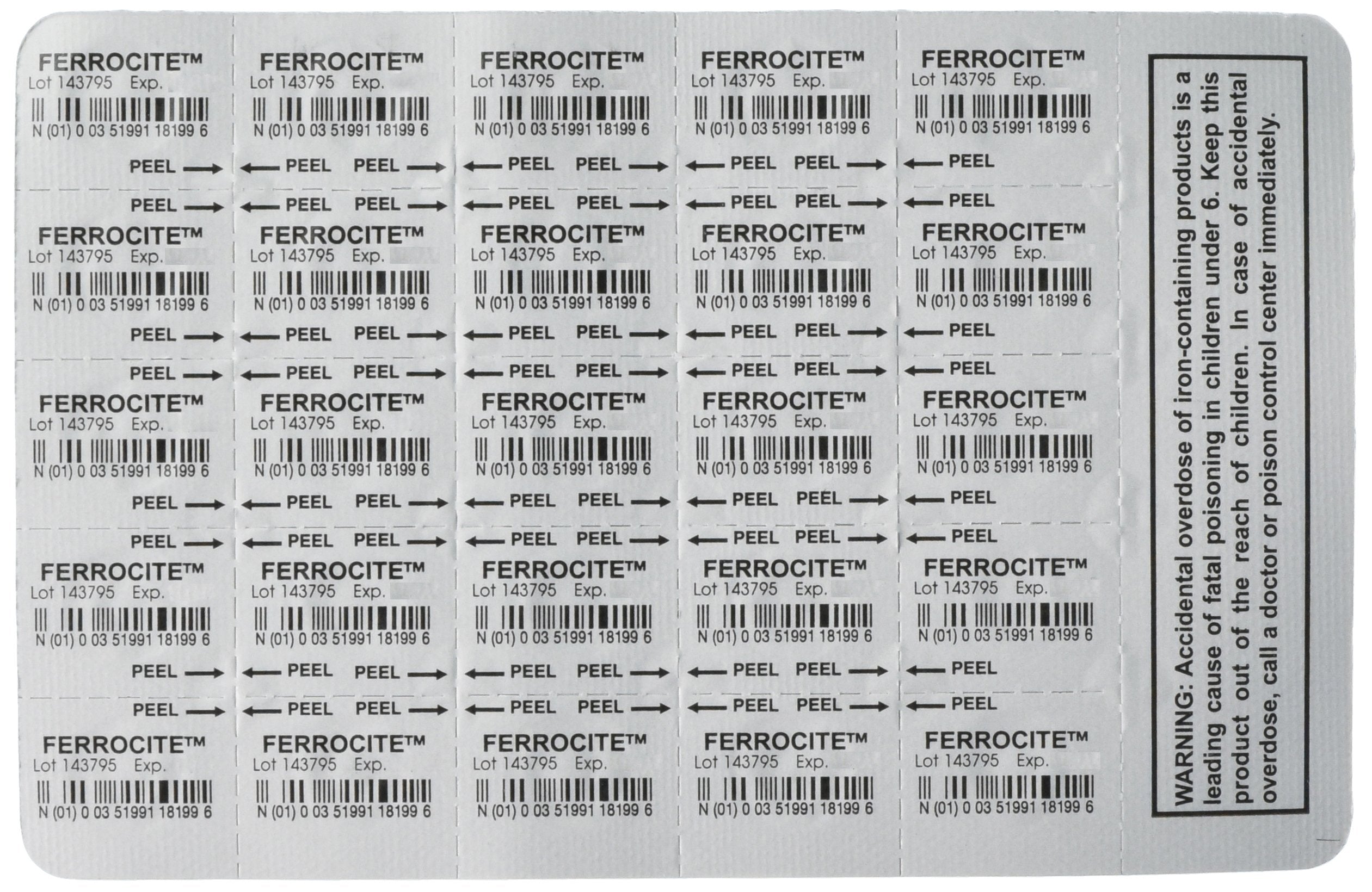 Breckenridge Ferrocite primer plano del blister y tableta para control de dosis