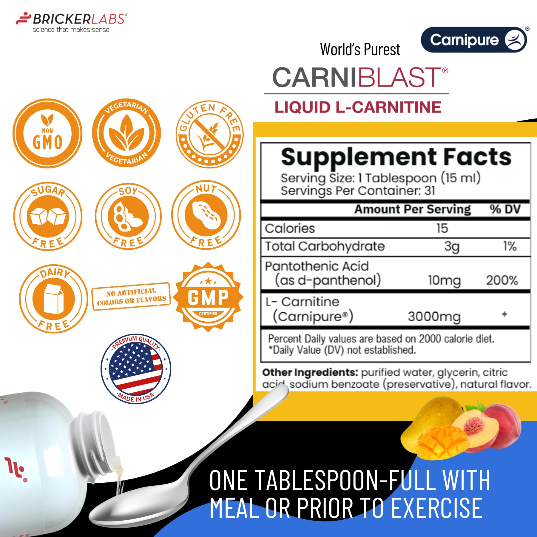 Bricker Labs frasco con sello Carnipure, evidencia de materia prima de alta calidad