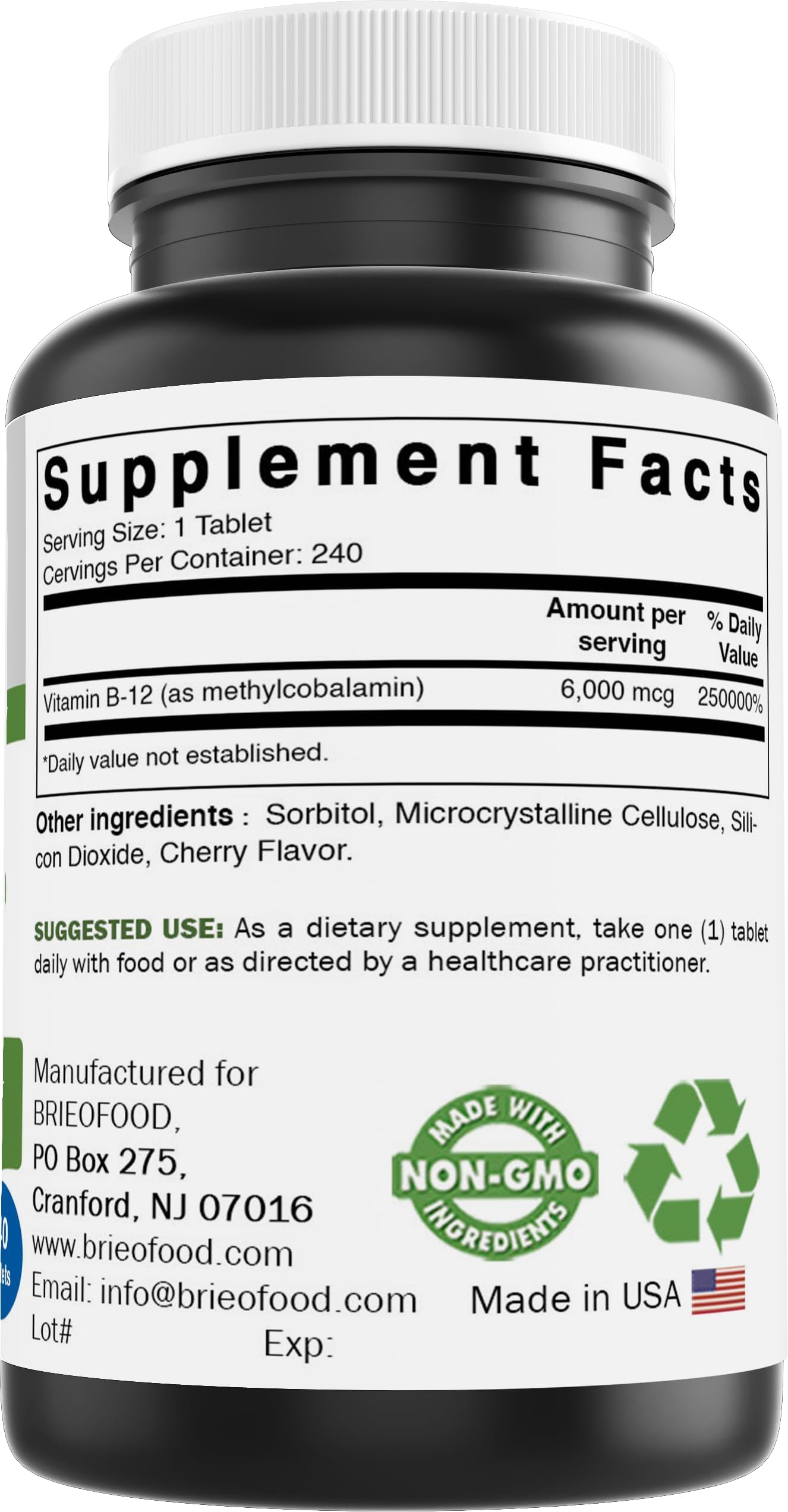 Brieofood etiqueta con información de metilcobalamina y certificaciones
