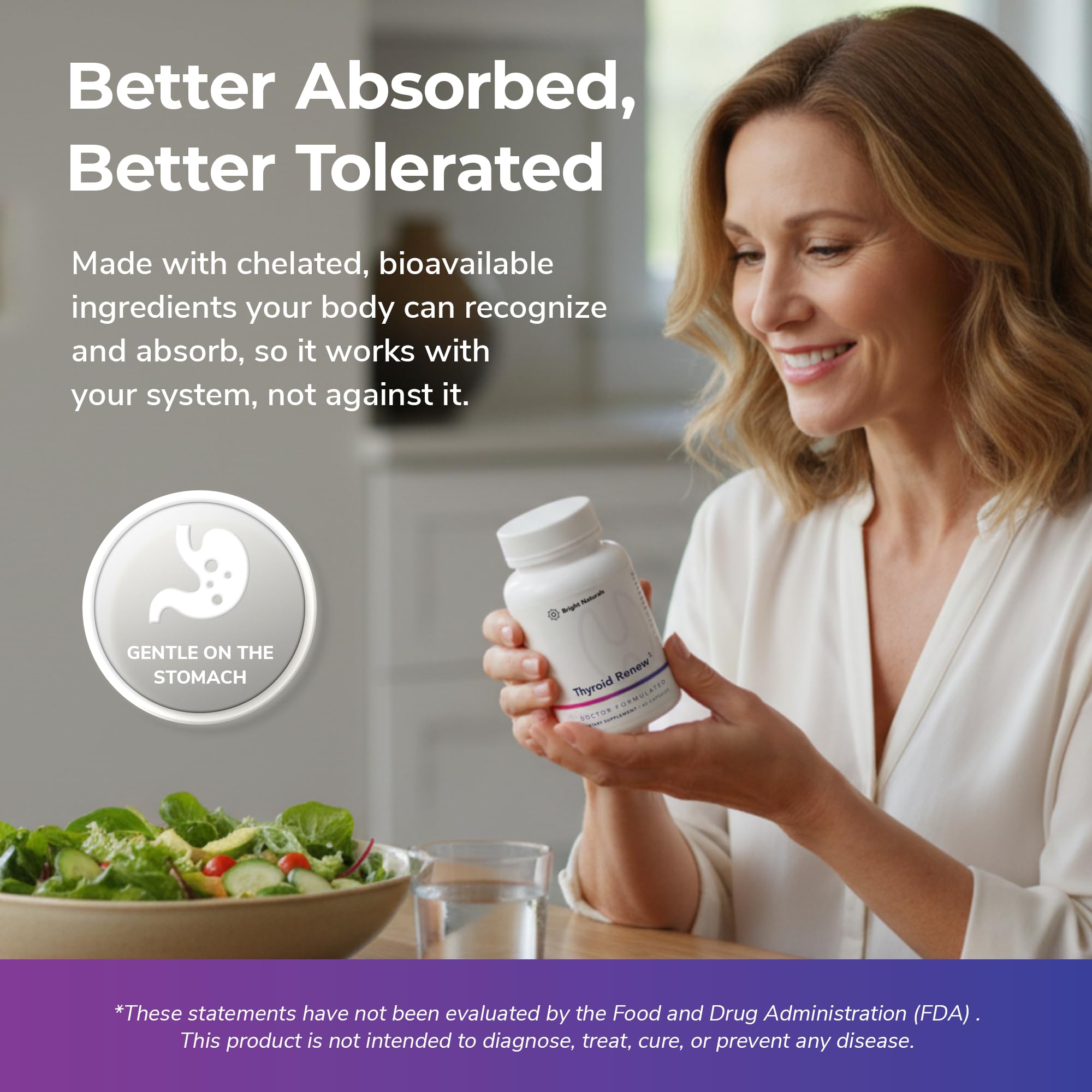 Bright Naturals mujer tomando cápsulas por la mañana para energía diaria