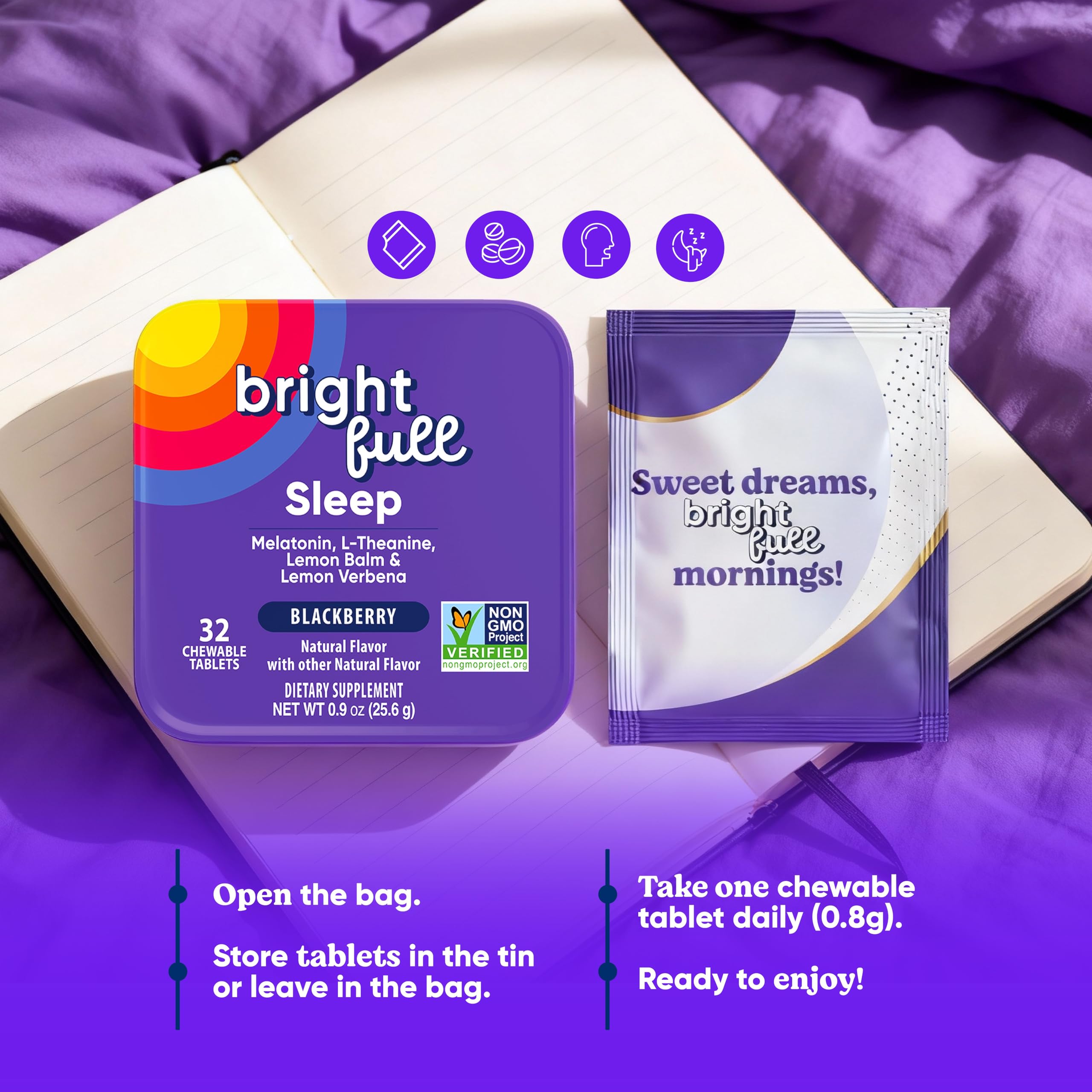 BRIGHTFULL tabletas masticables en primer plano, textura apetecible