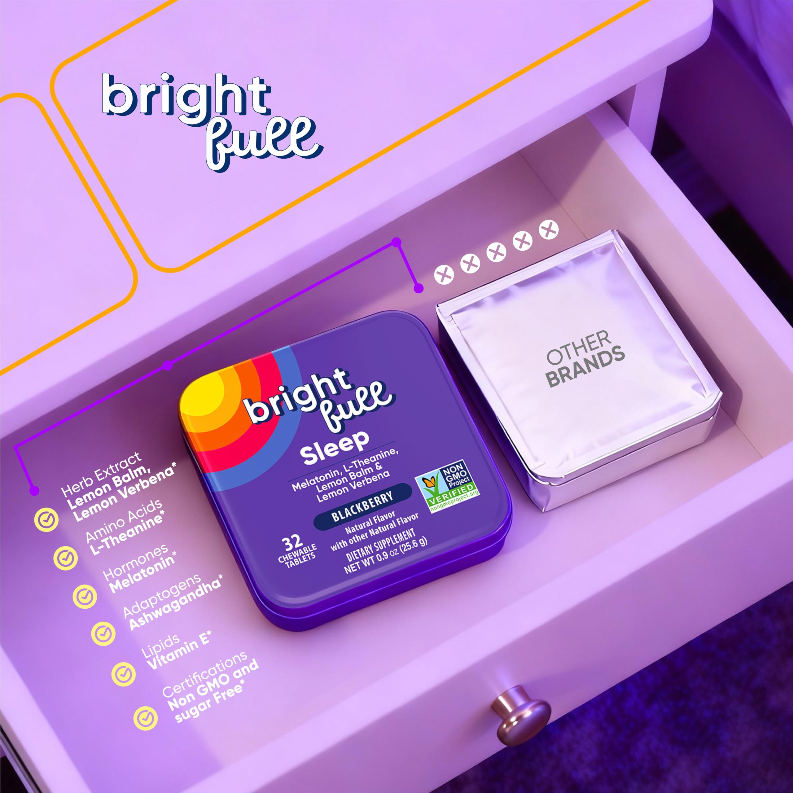 BRIGHTFULL detalle de tableta mordida, sabor blackberry y rápida absorción