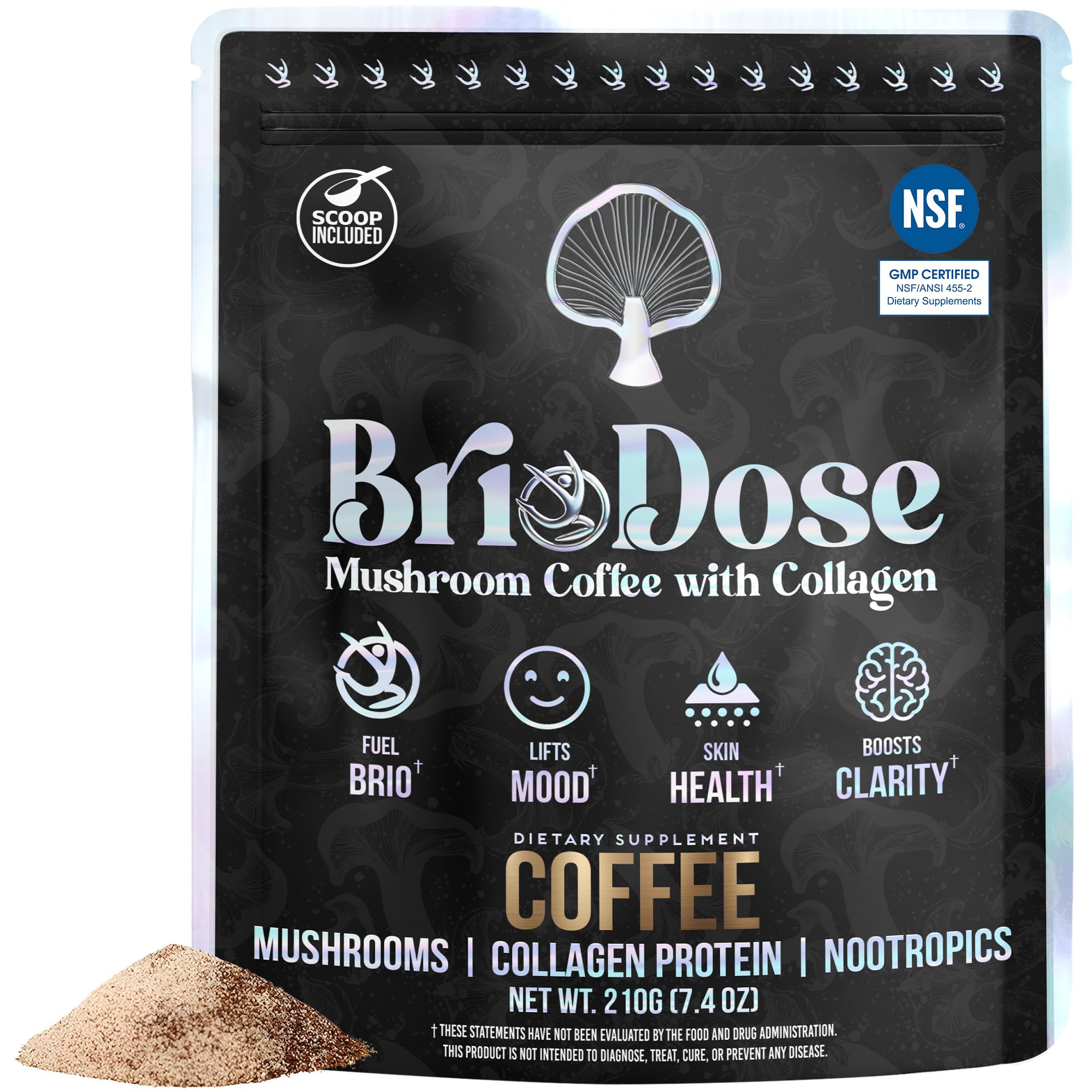 BRIODOSE MUSHROOM COFFEE frente del empaque mostrando calidad NSF