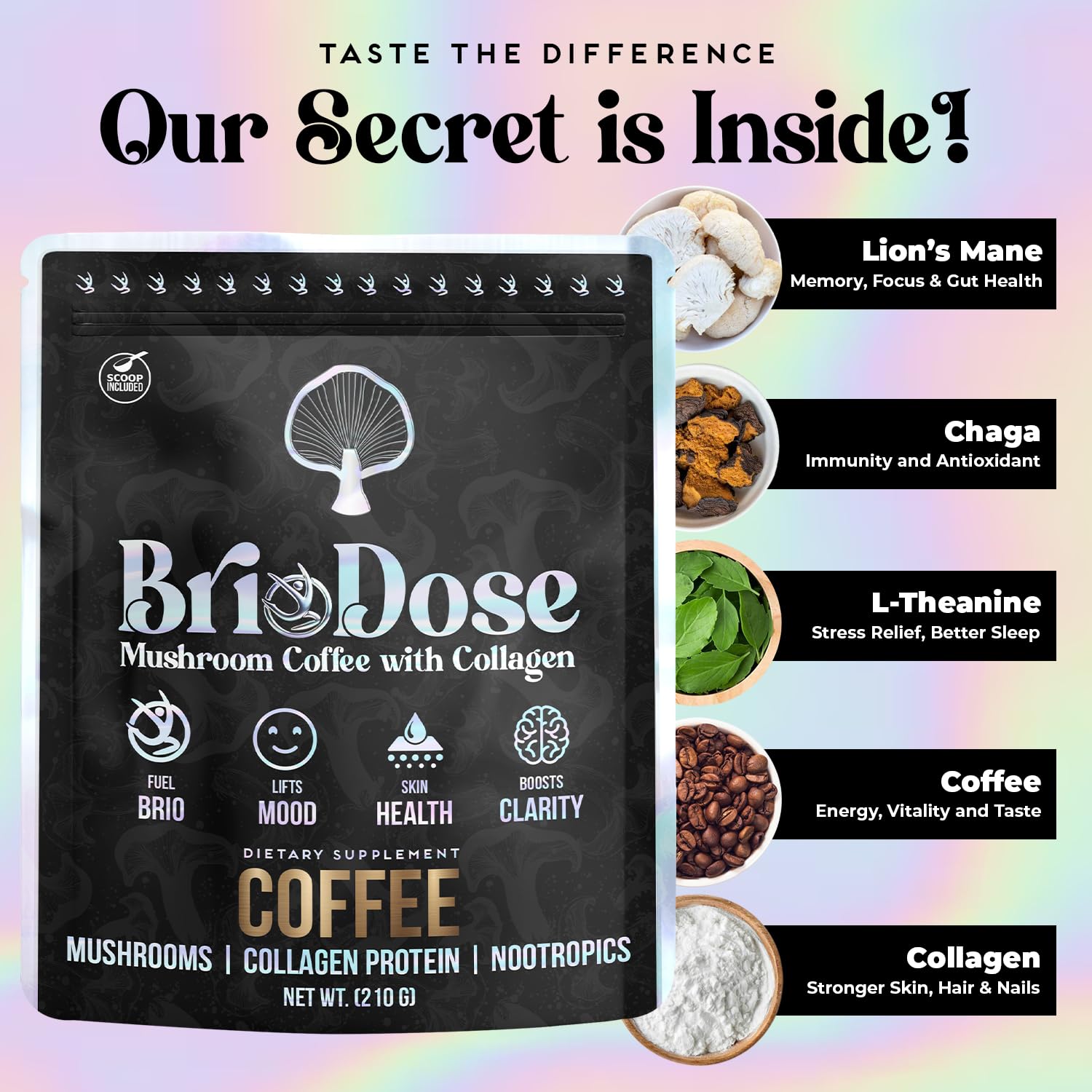BRIODOSE MUSHROOM COFFEE taza en mano, enfoque sostenido sin nervios