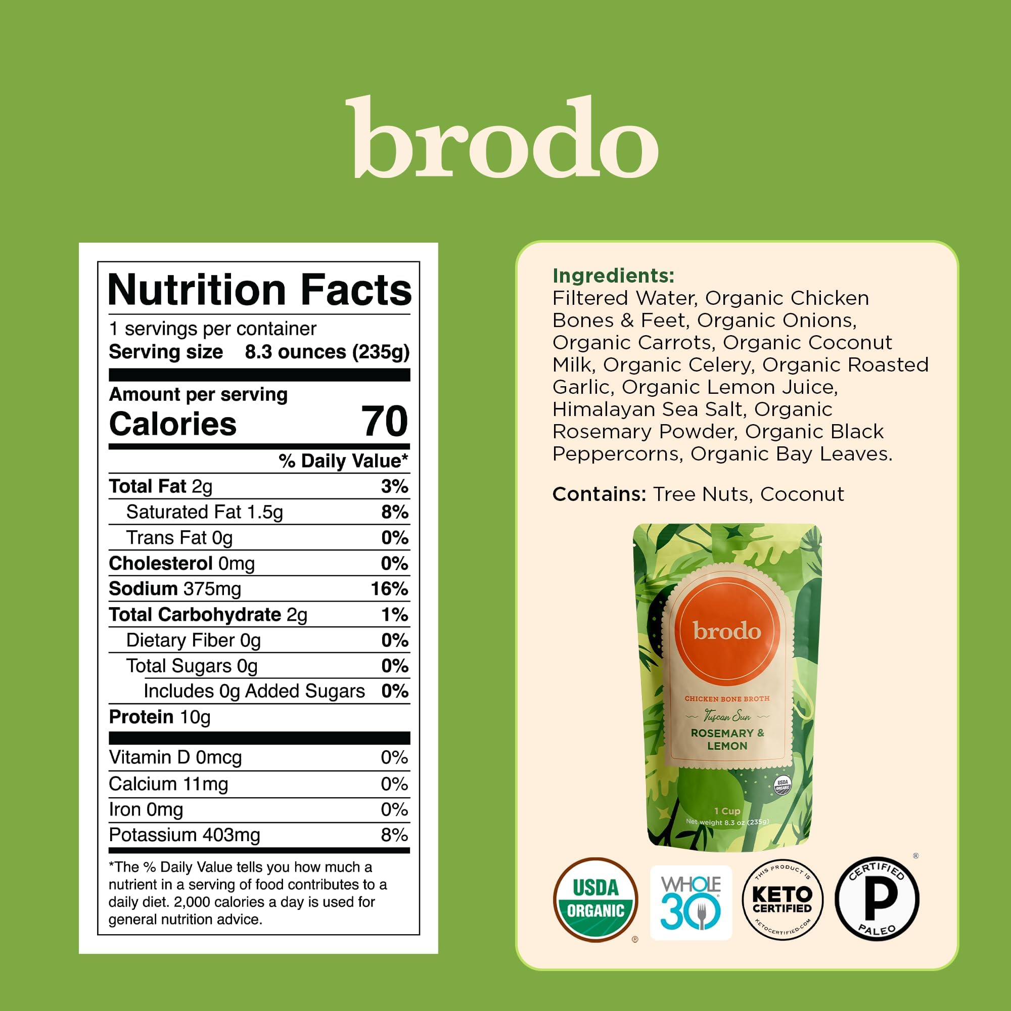 Brodo comparación de tamaño 8 oz junto a utensilios para referencia