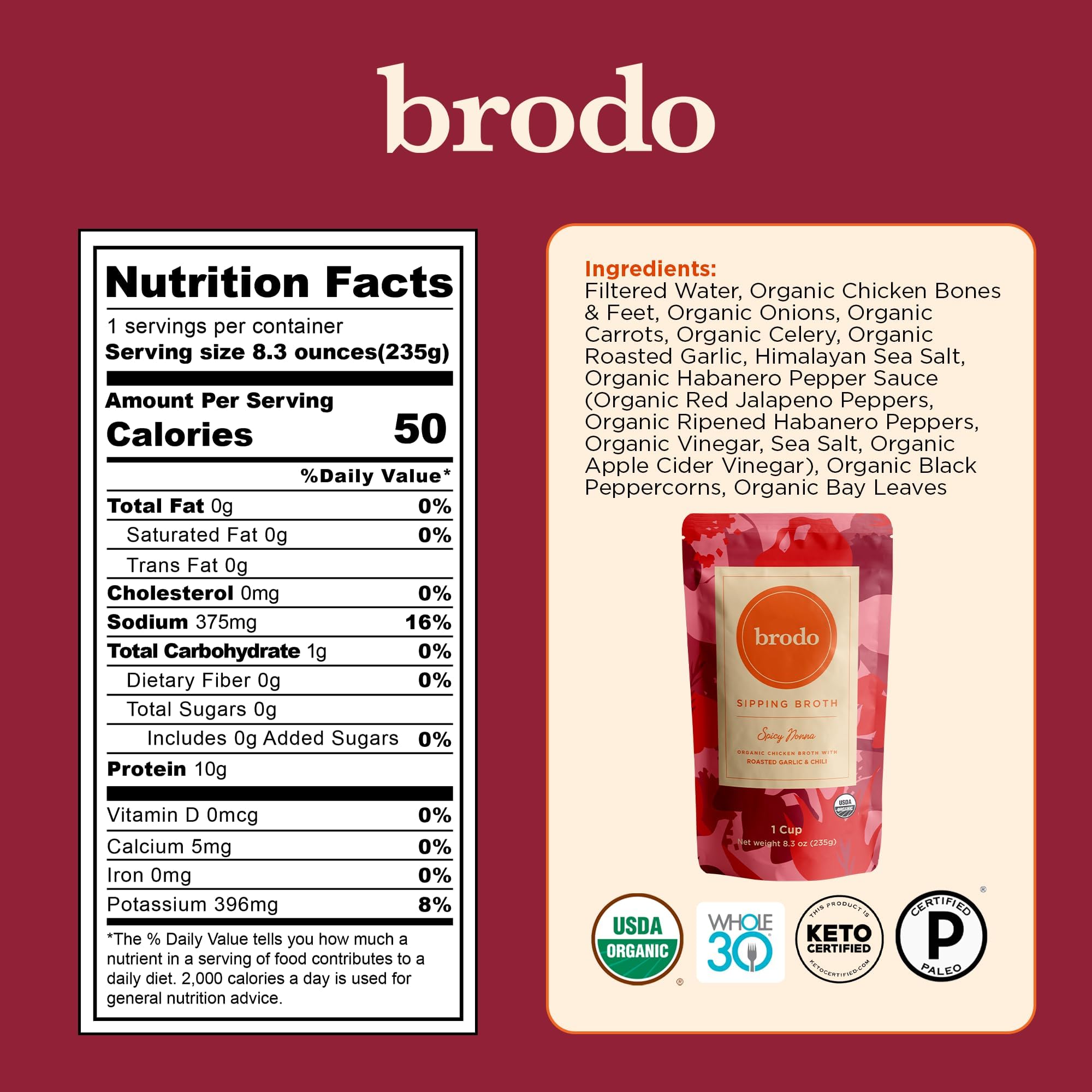Brodo etiqueta de ingredientes orgánicos destacando pureza