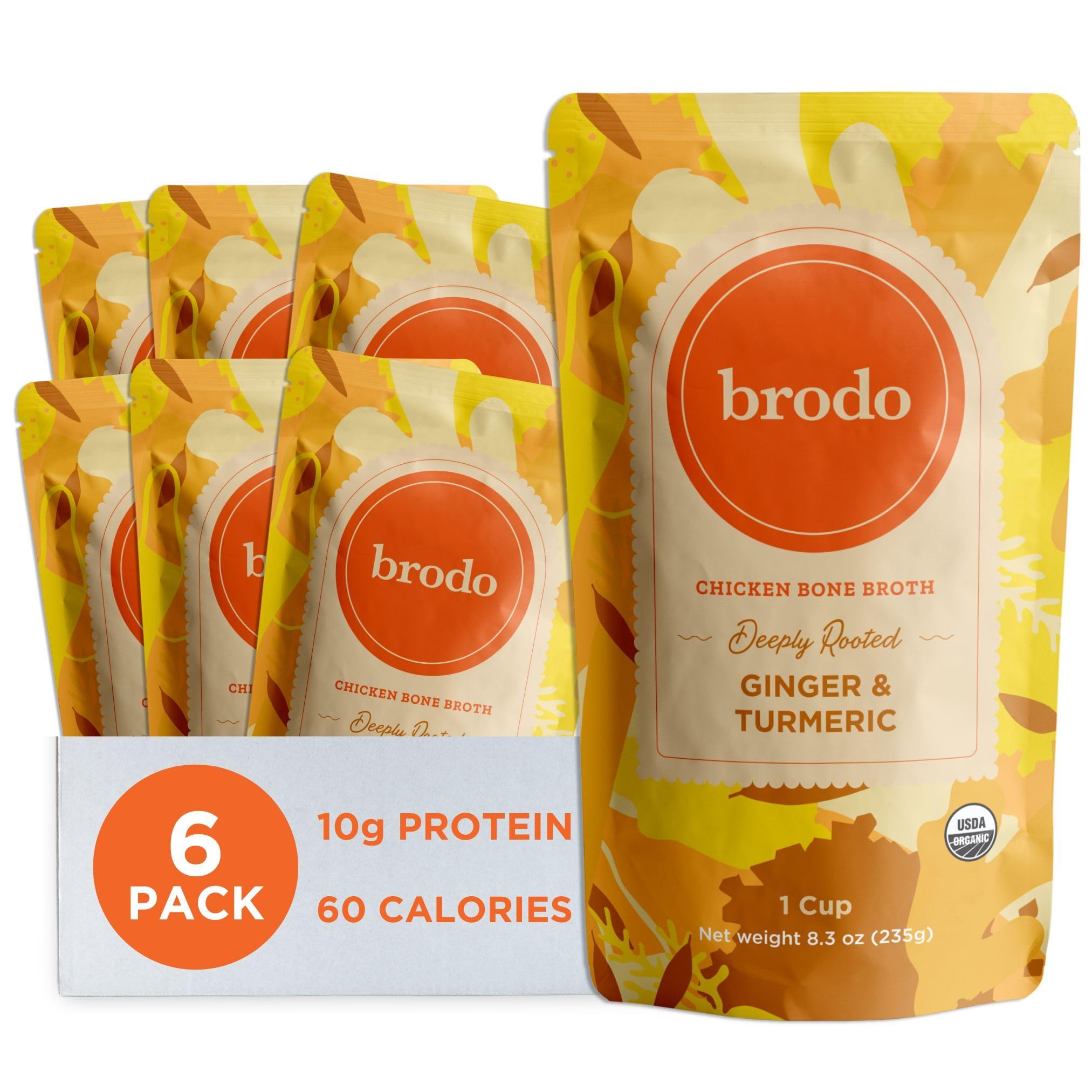 Brodo vista frontal del empaque mostrando pouches prácticos y orgánicos