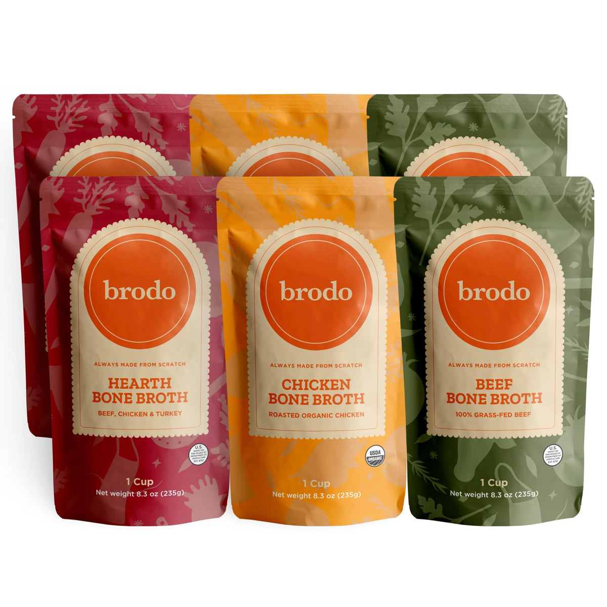 Brodo pack frontal mostrando las tres variedades y conveniencia para beber