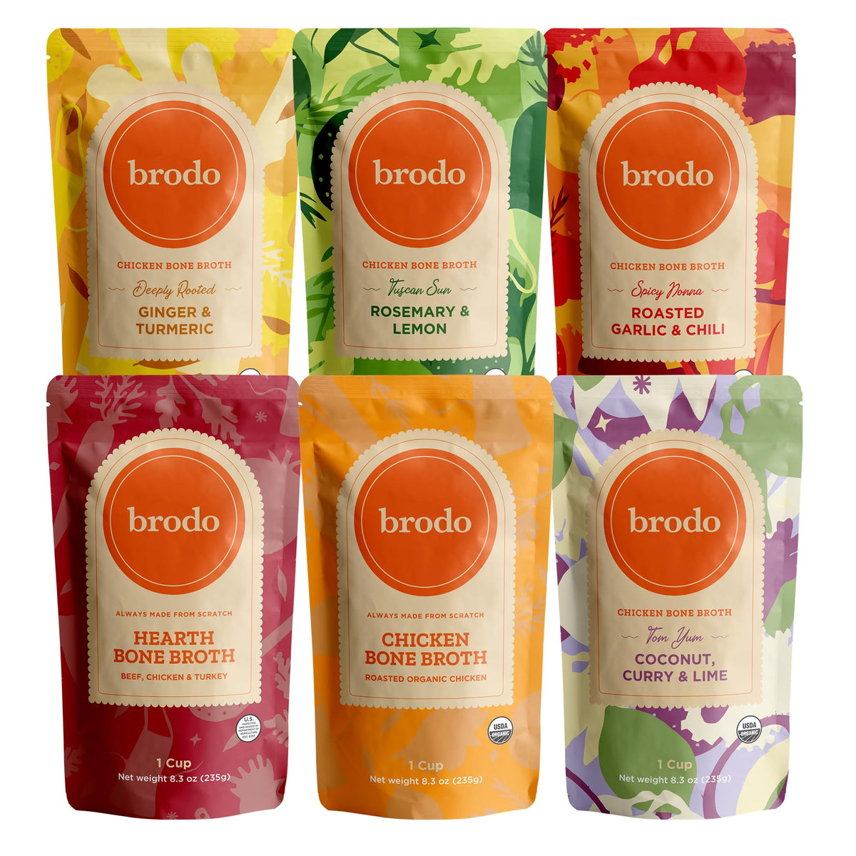 Brodo pack frontal con seis sabores mostrando variedad y conveniencia