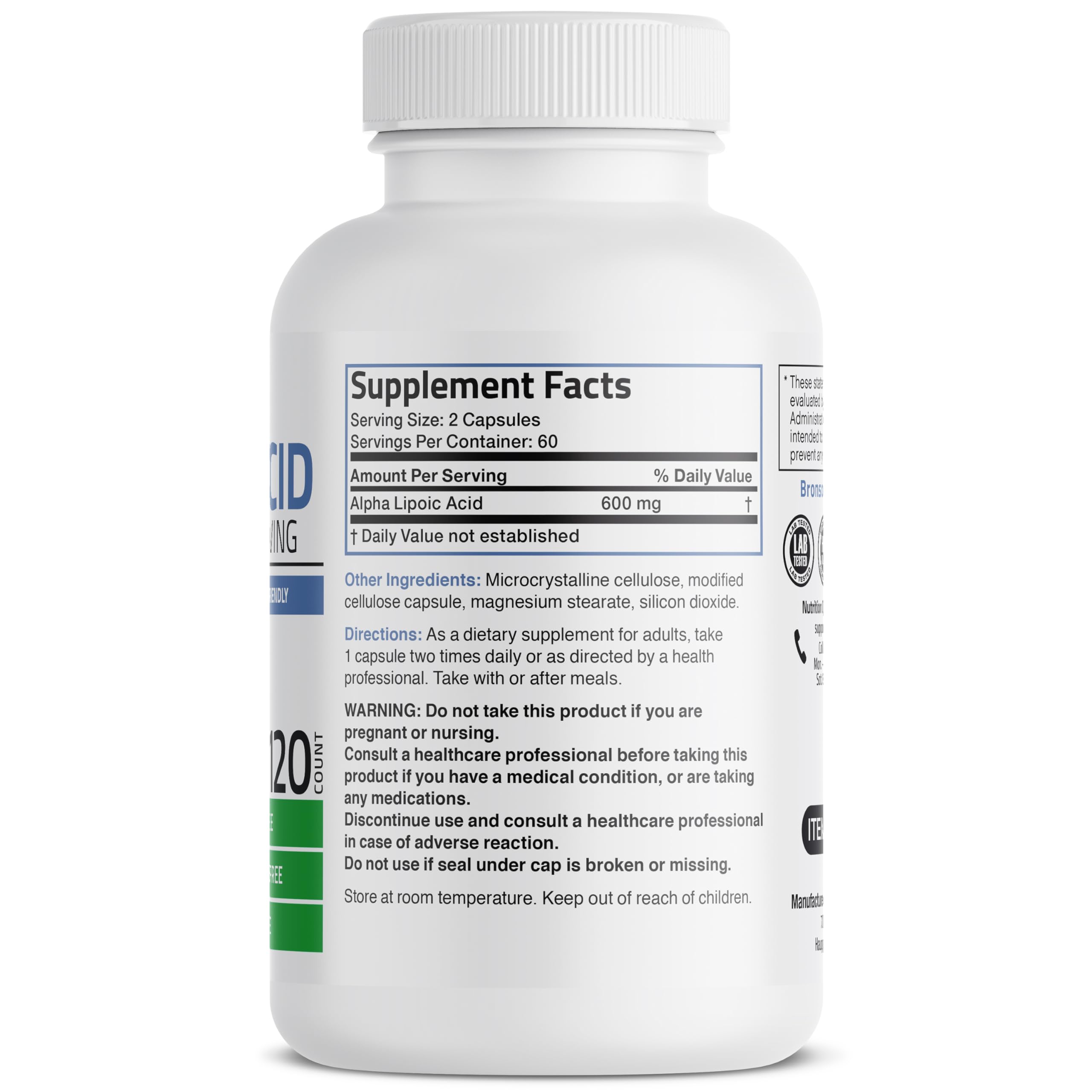 Bronson Alpha Lipoic Acid cápsulas vegetarianas detalle que destaca pureza y calidad