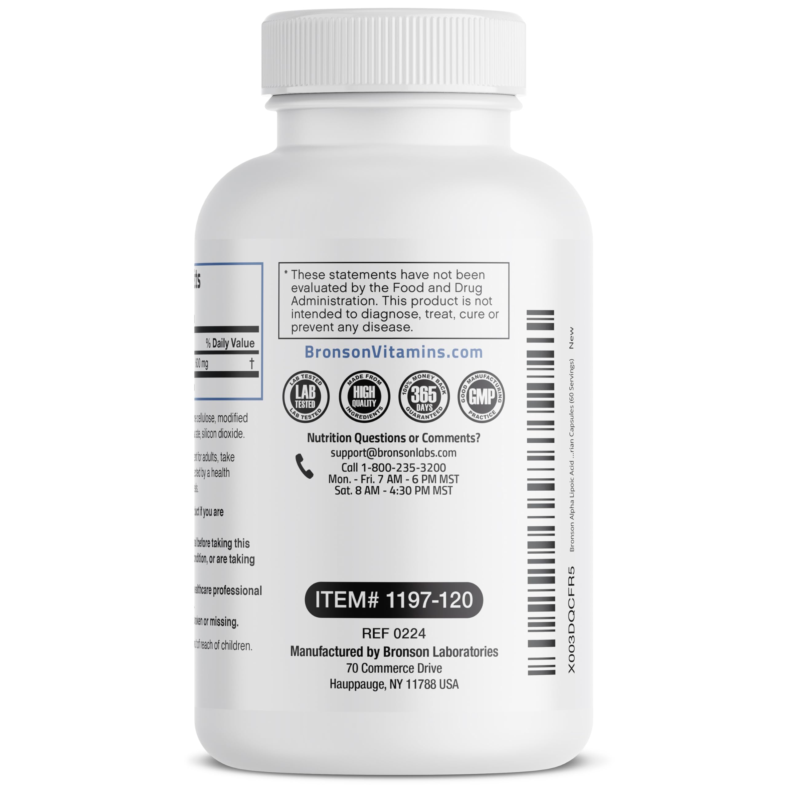 Bronson Alpha Lipoic Acid etiqueta con ingredientes y certificaciones de control