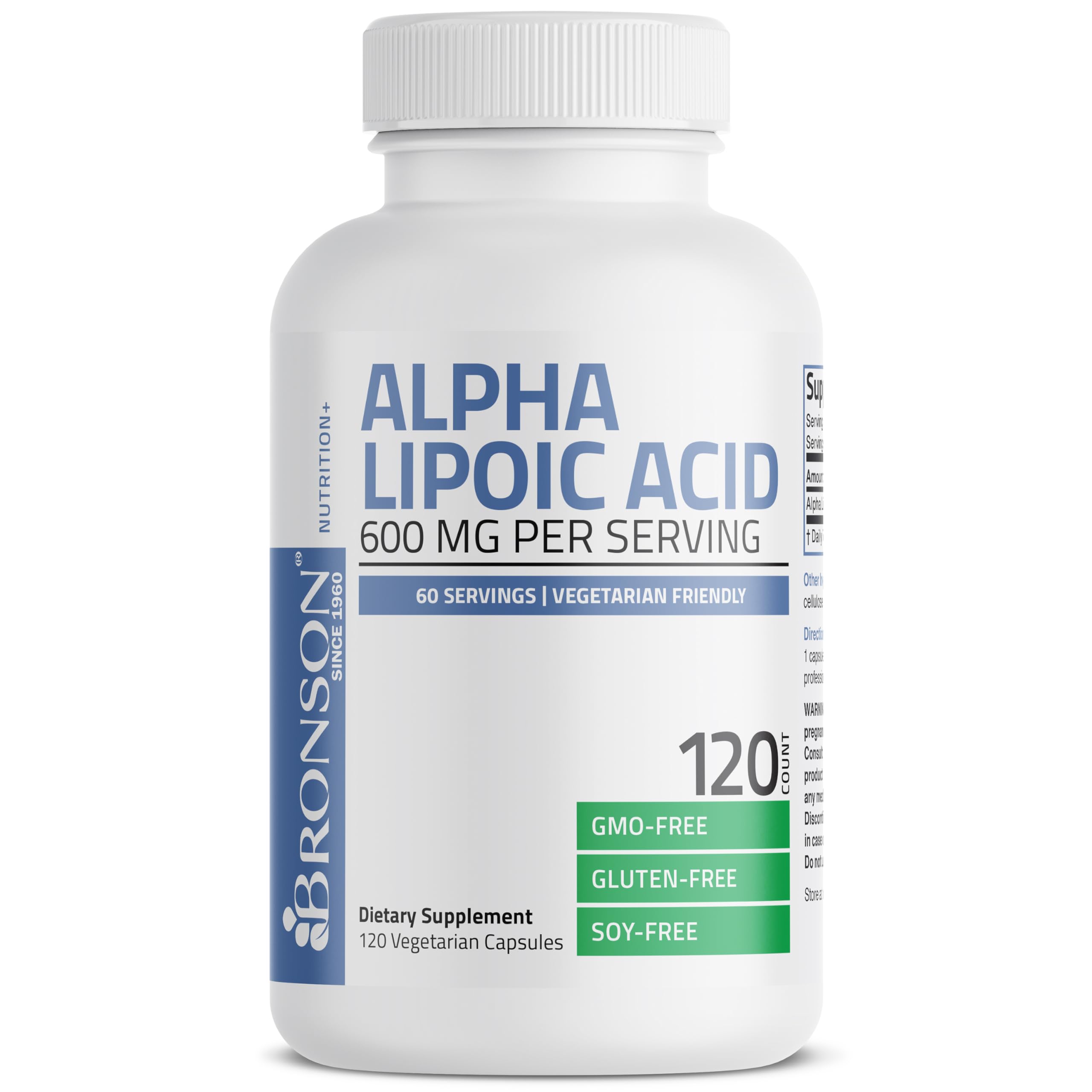 Bronson Alpha Lipoic Acid textura de la cápsula y presentación vegana para confianza