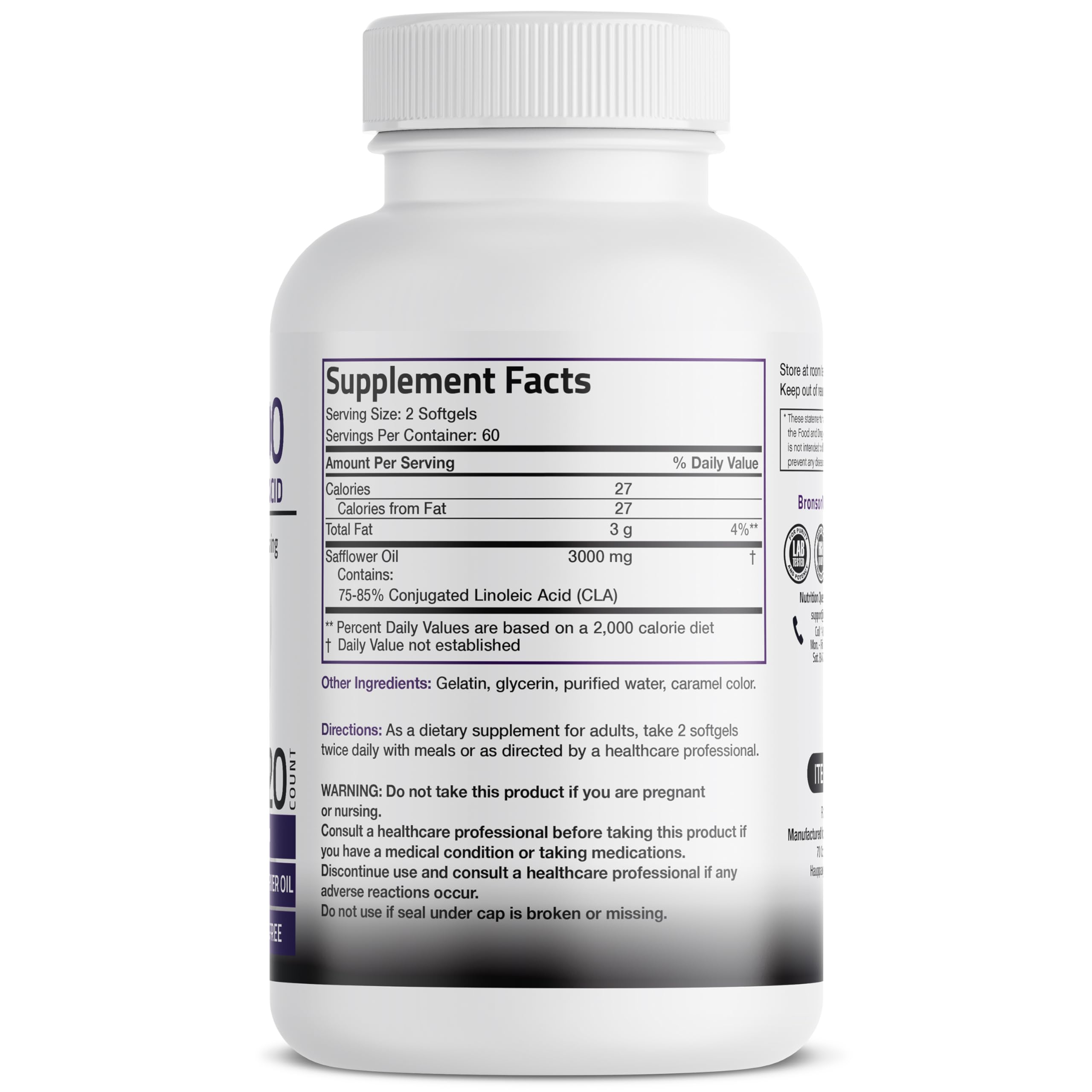 Bronson etiqueta lateral con información de dosis y certificación cGMP