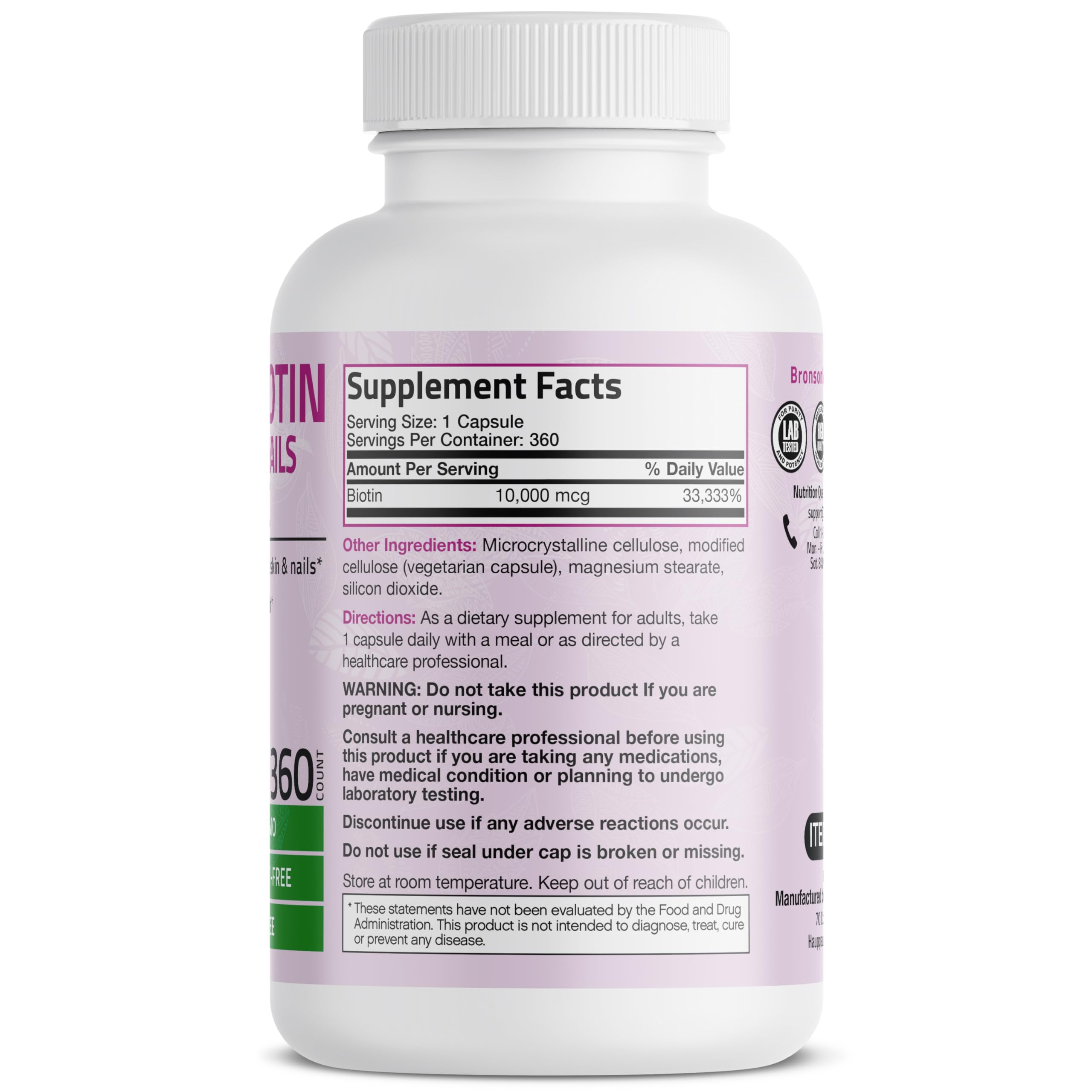 Bronson etiqueta ampliada destacando 10,000 mcg y certificados de calidad