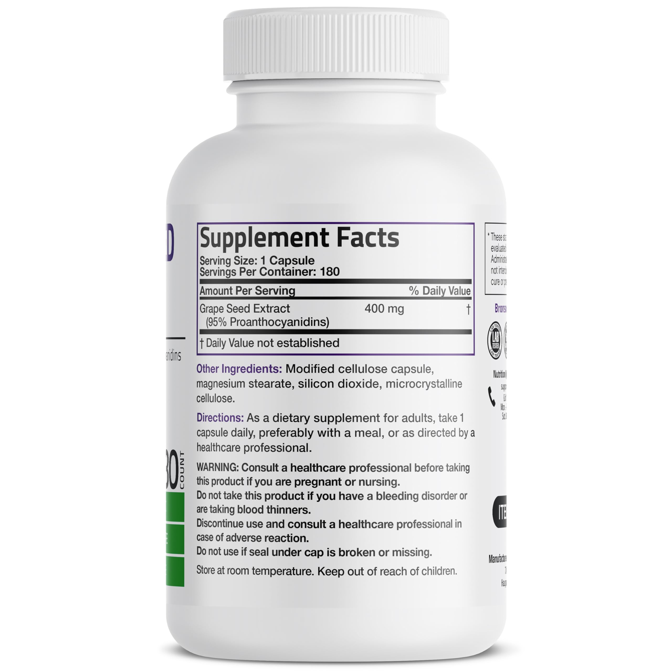 Bronson detalle etiqueta con 95% proantocianidinas y 400 mg, claridad informativa