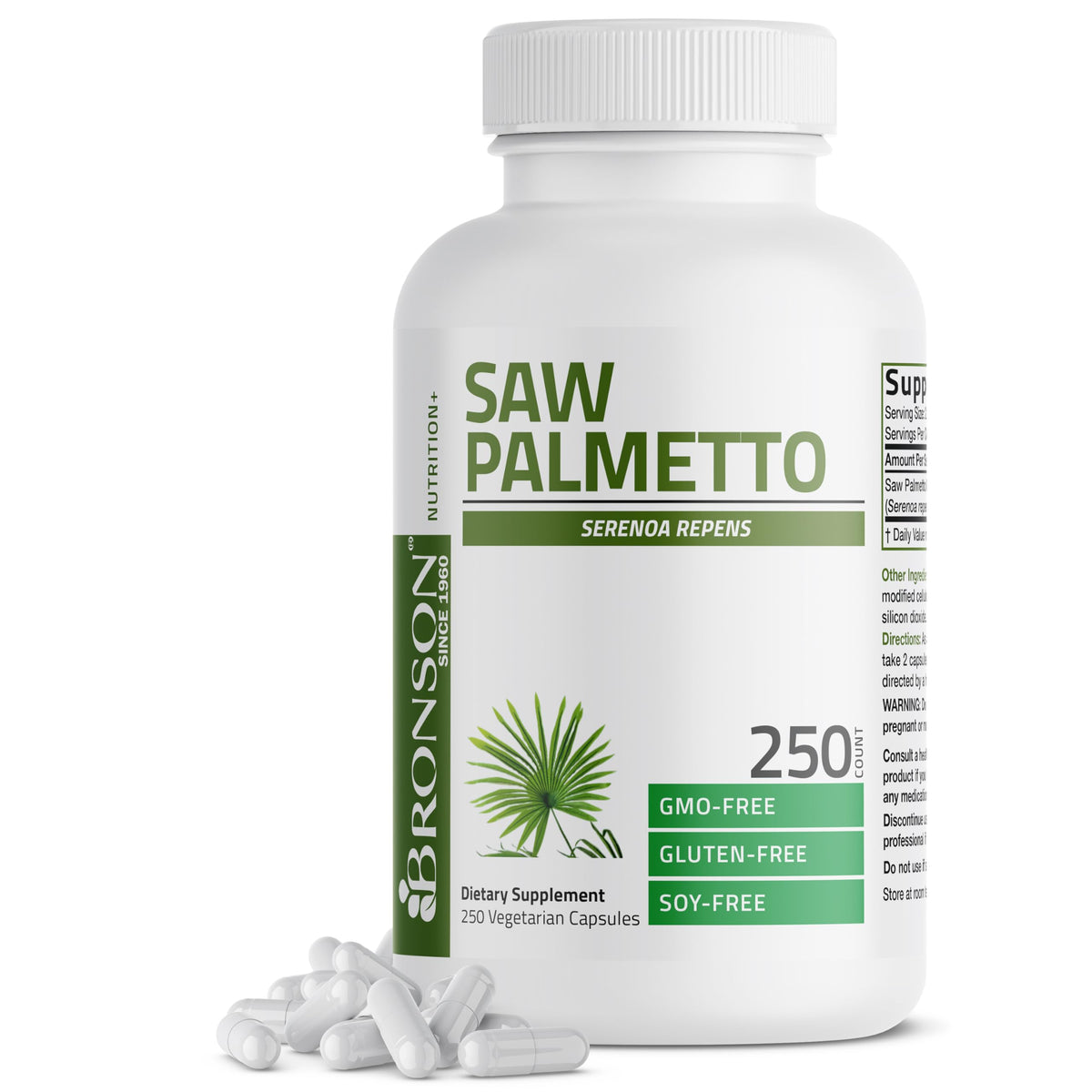 Bronson envase frontal Saw Palmetto mostrando bote y beneficios de apoyo prostático