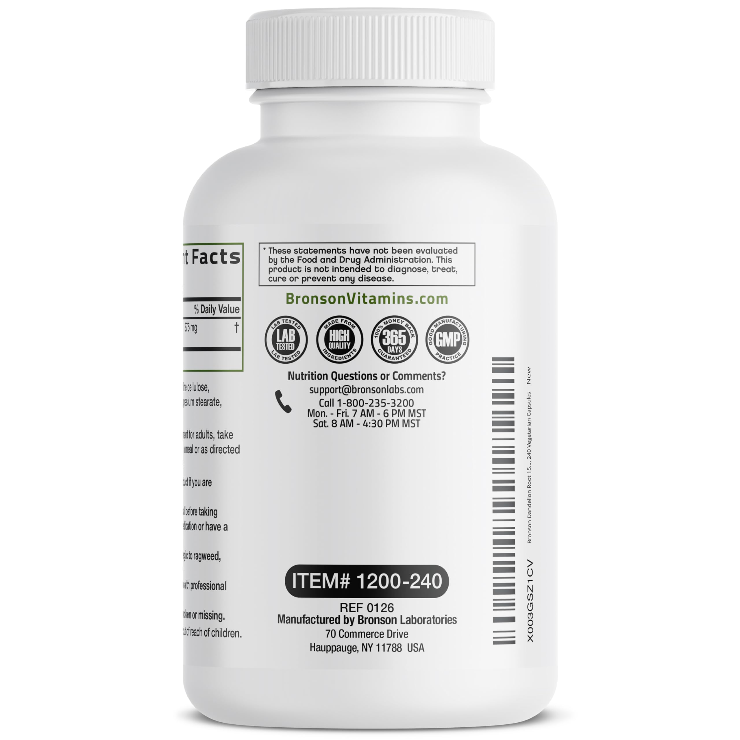 Bronson etiqueta con información nutricional y certificaciones de calidad