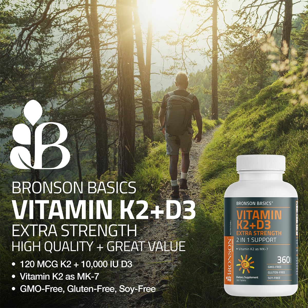 Bronson etiqueta con información nutricional y potencias de D3 y K2 claras