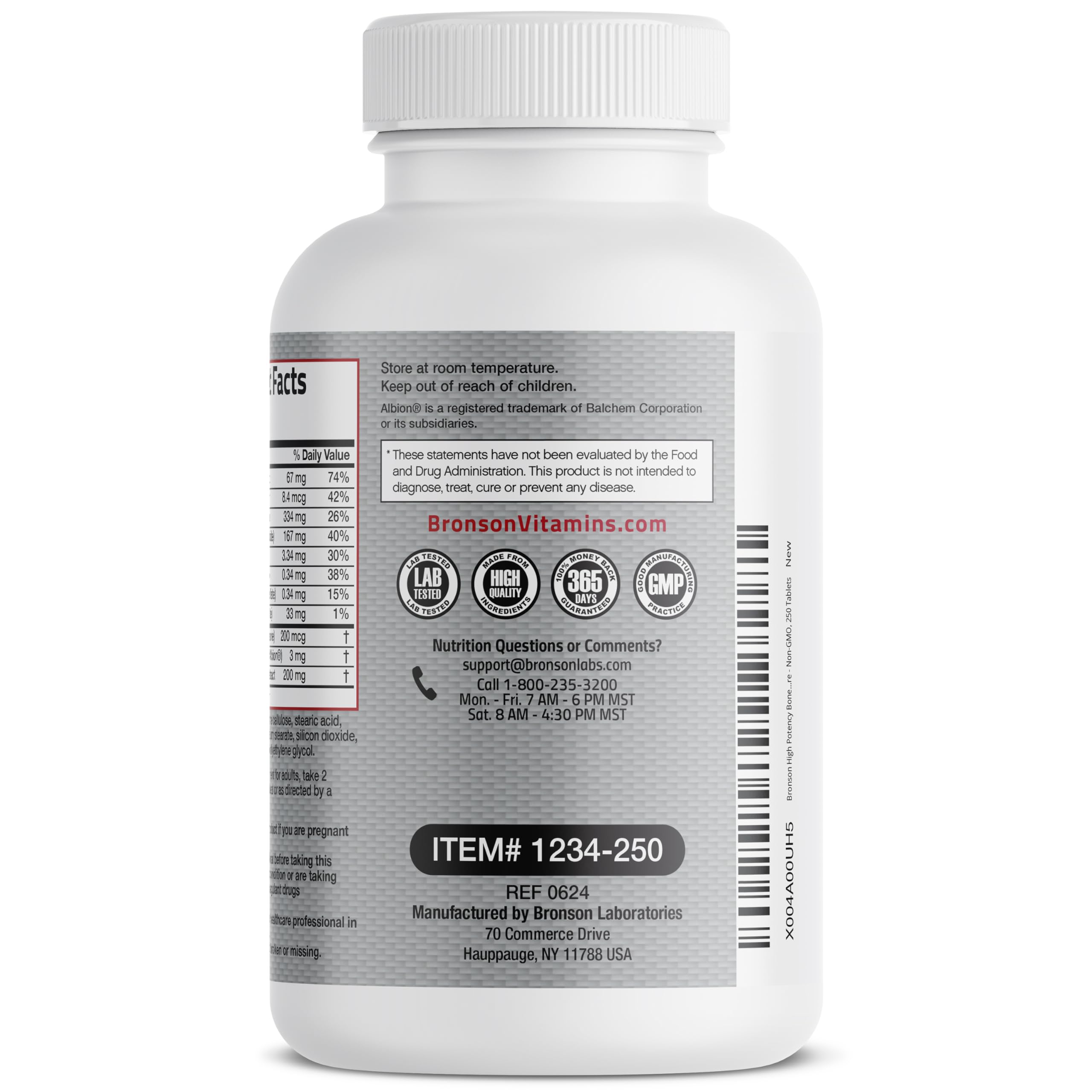 Bronson etiqueta de ingredientes, vistas claras de K2 MK‑7 y minerales