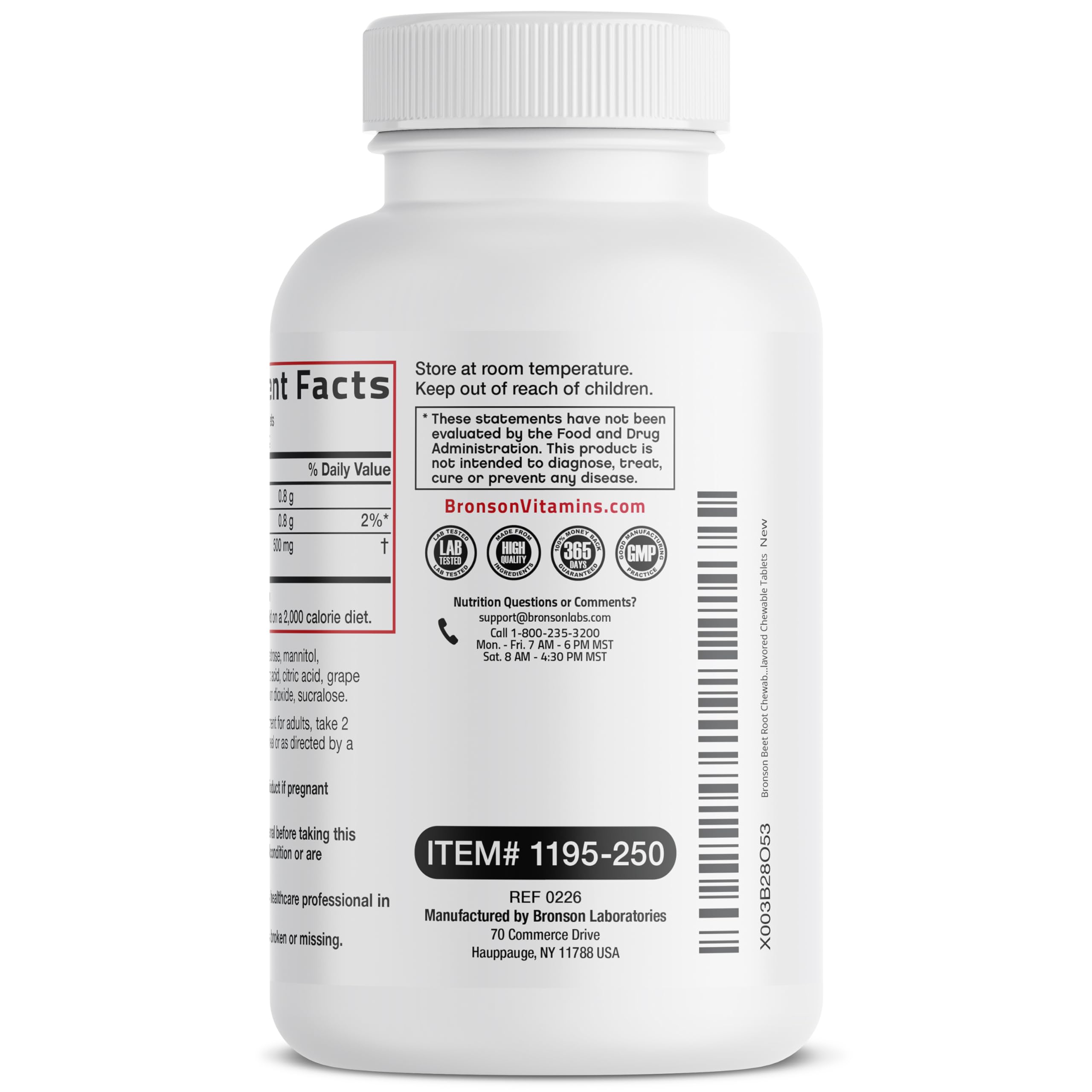 Primer plano etiqueta Bronson con información nutricional y calidad cGMP