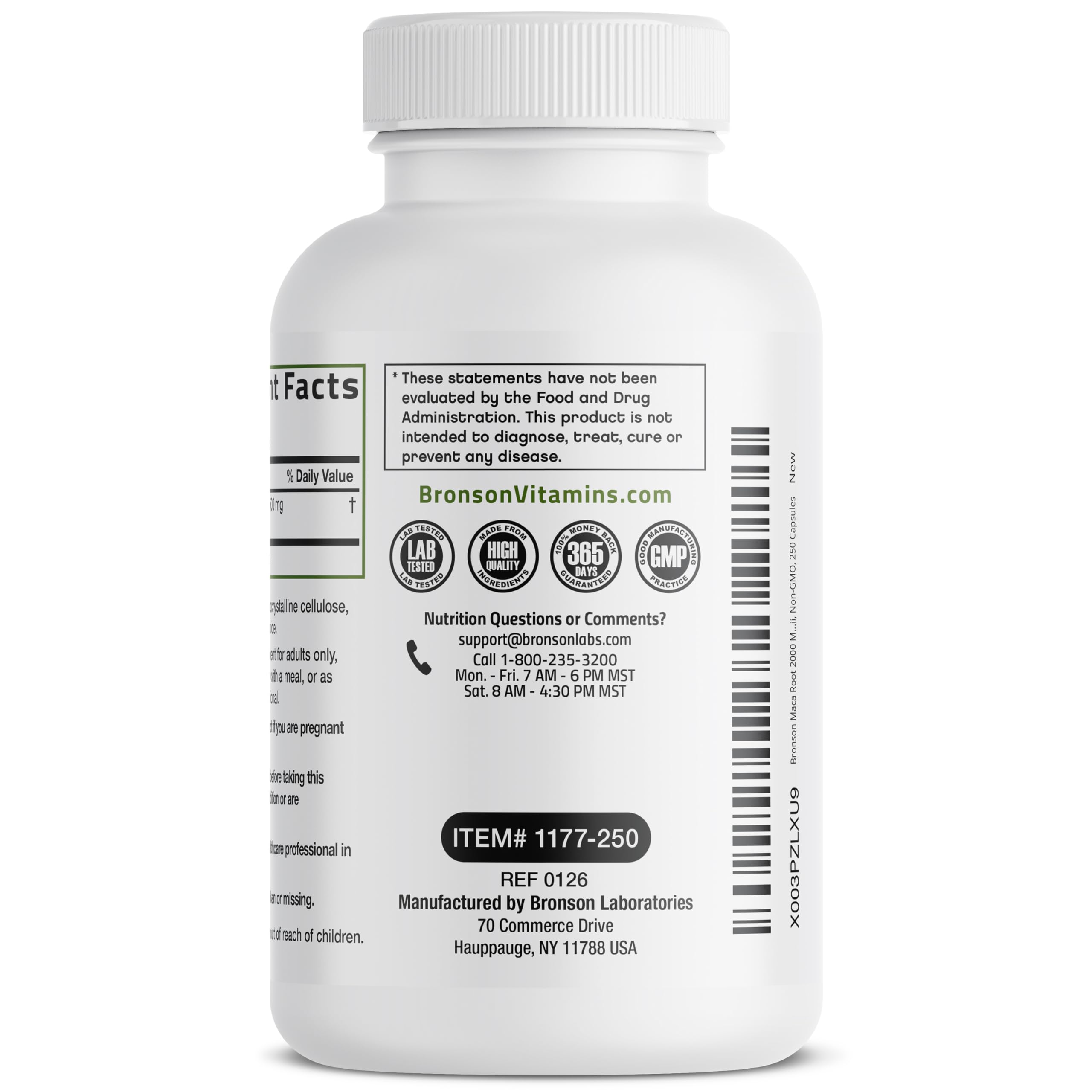 Bronson etiqueta nutricional destacando Non‑GMO, sin gluten y sin soya